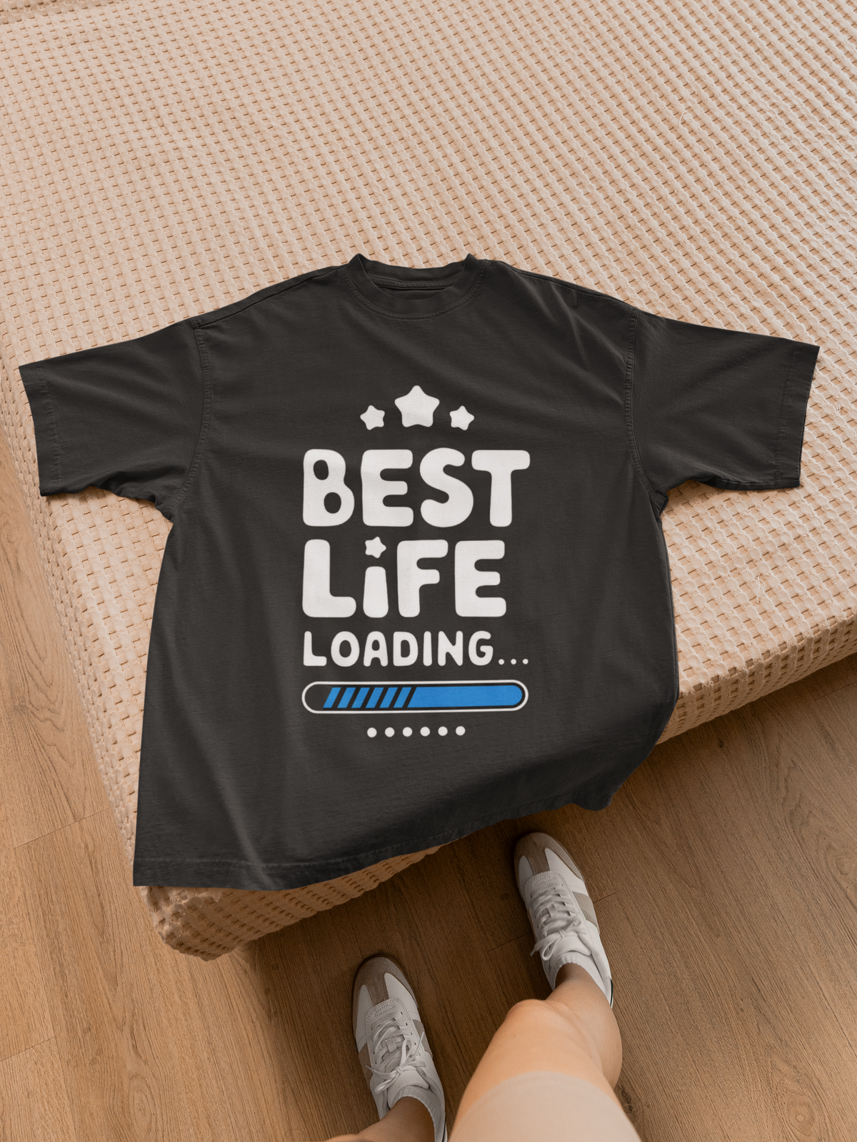 Best Life Loading black t-shirt laid on a bed, casual lifestyle photo, funny motivational gift