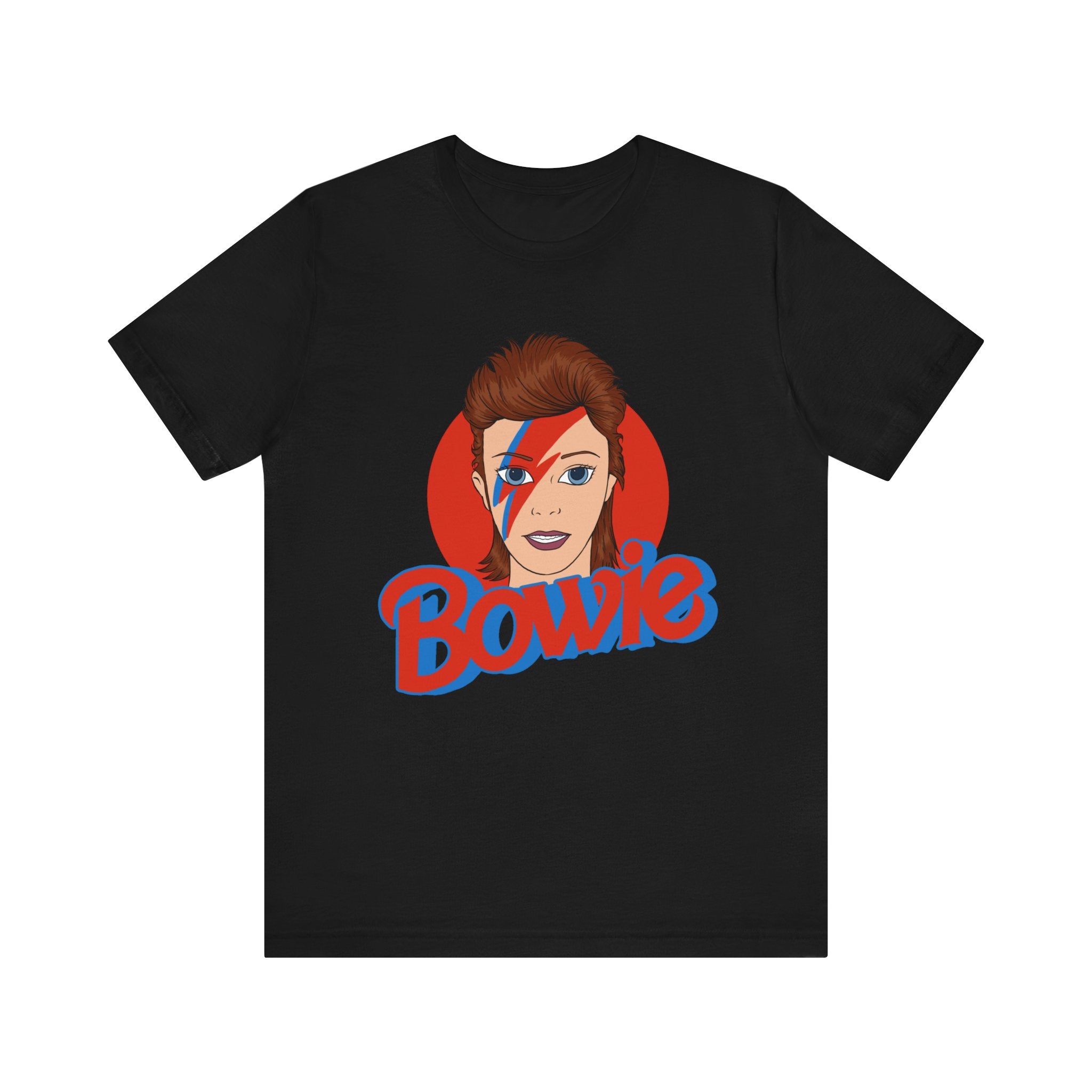 Unisex Bowie T-Shirt featuring a graphic of David Bowie with his iconic red hair and blue eye makeup, along with the text "Bowie" in blue.