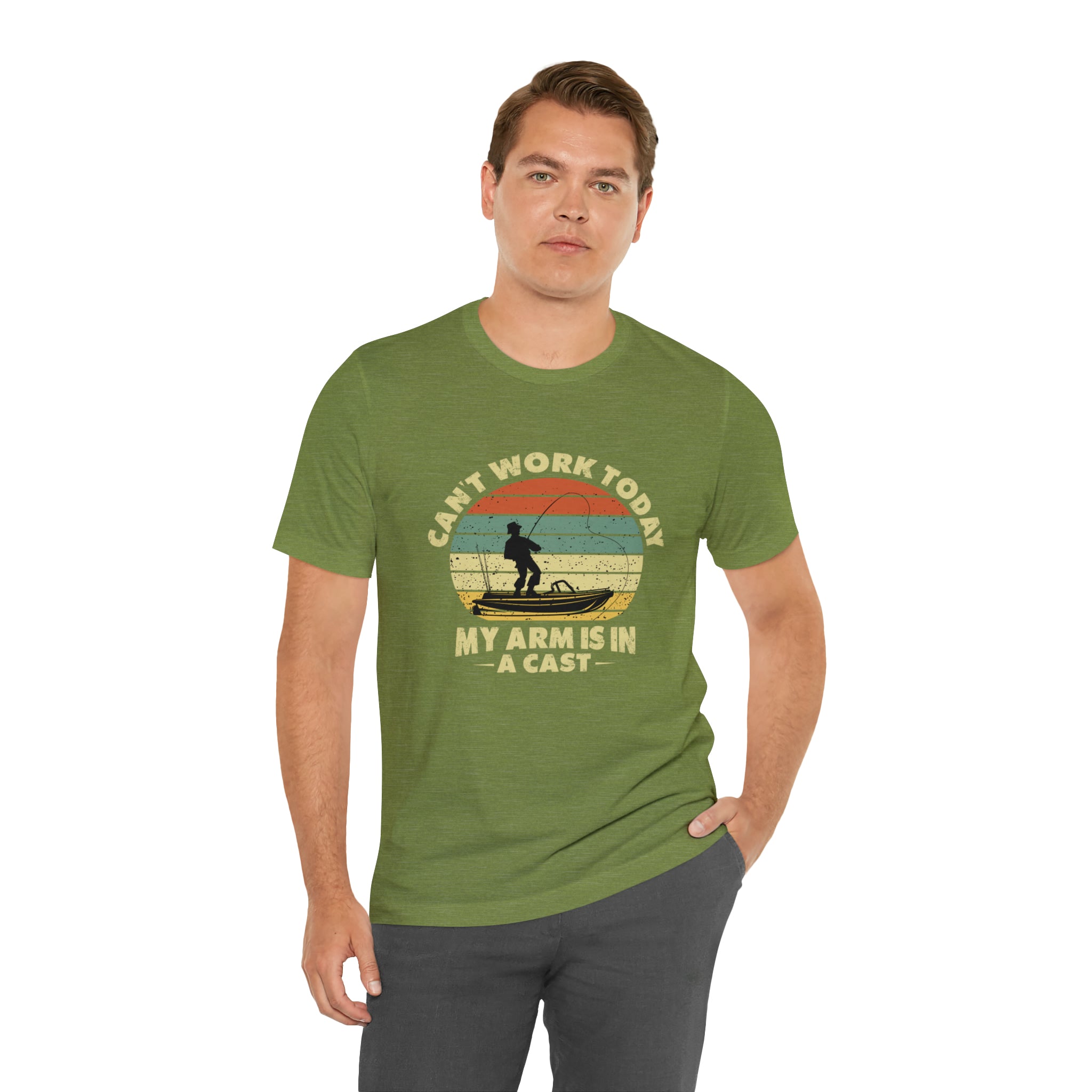 A man wearing a green Can't work today T-Shirt that reads Printify can work on my boat.