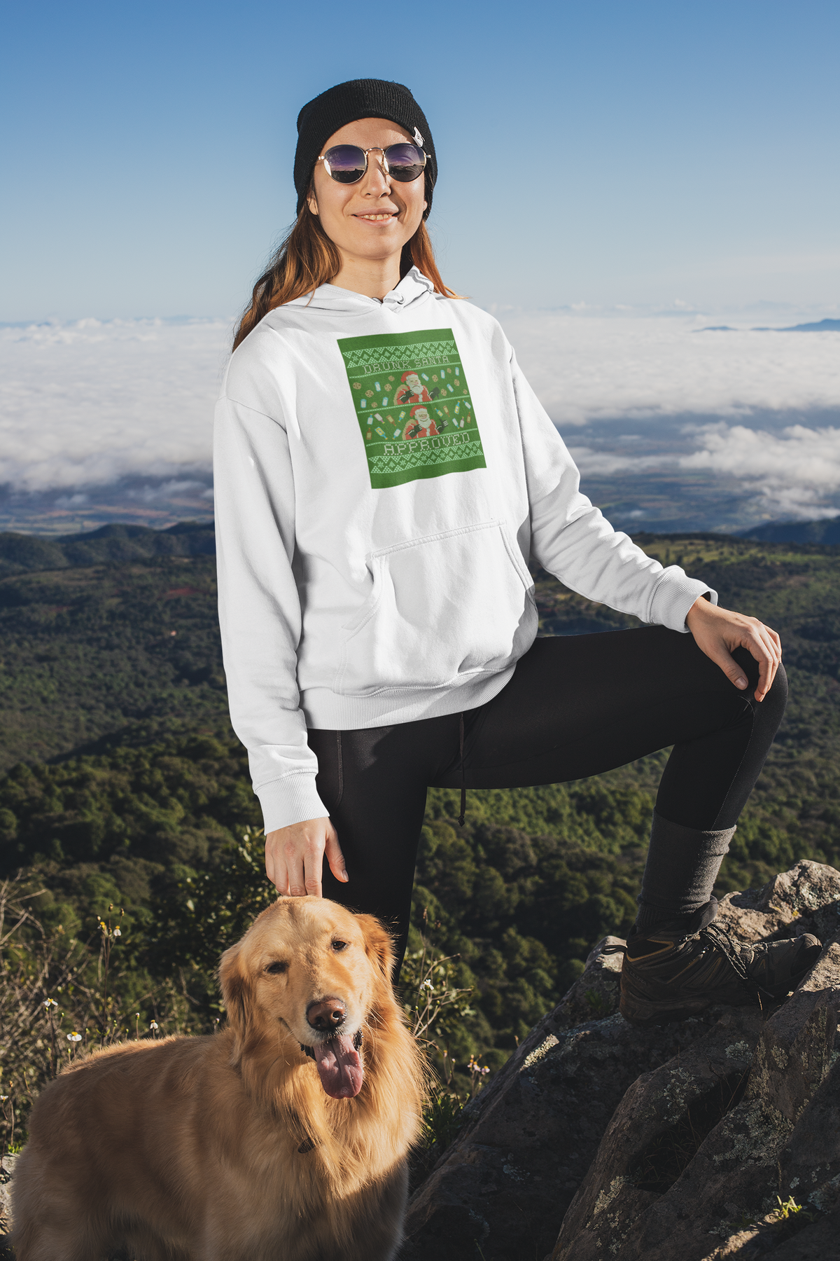 'Drunk Santa Approved' Santa graphic hoodie in white, woman hiking with dog, funny Christmas gift for hikers