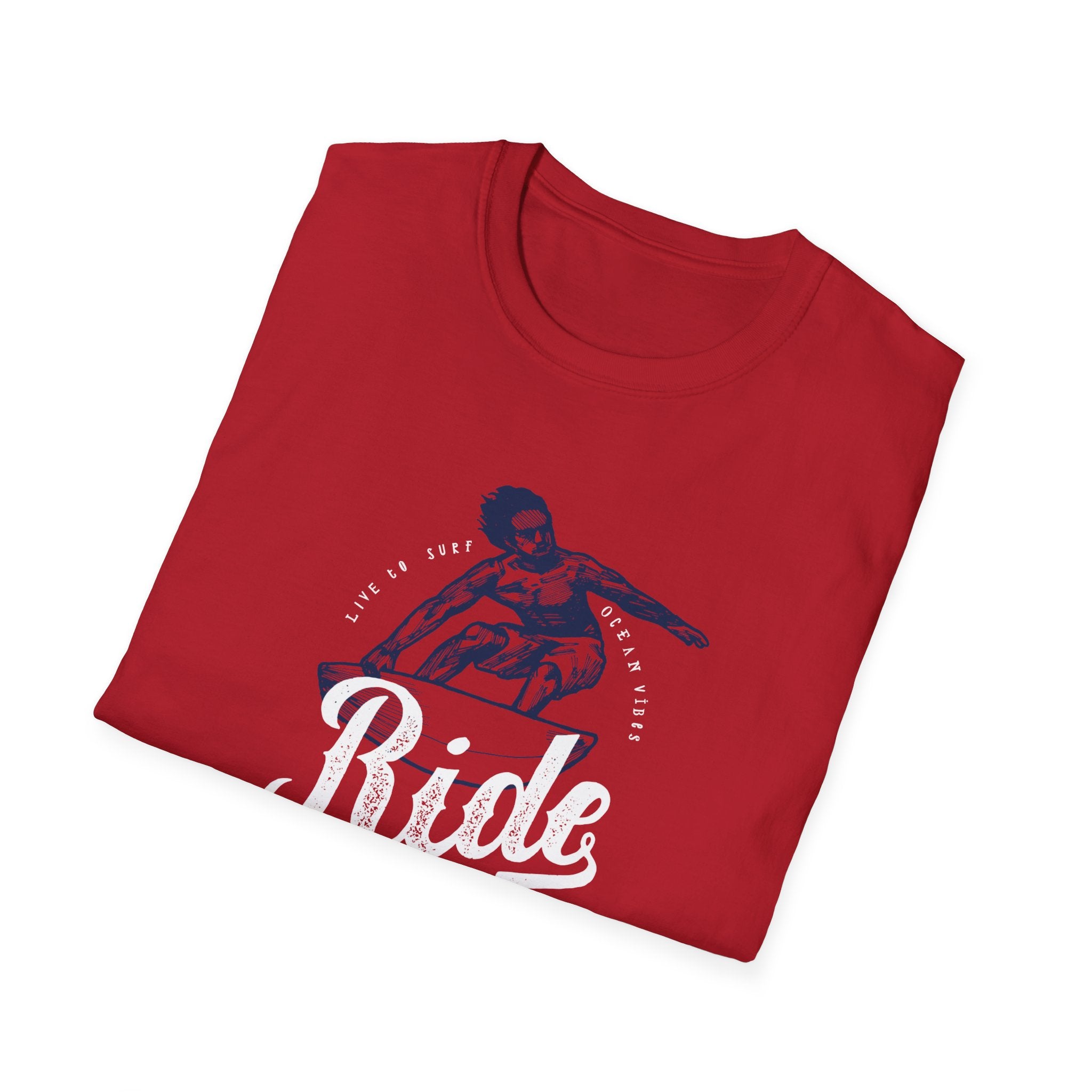 The "Ride Into the Sun T-Shirt" is a fashionable red shirt with a lively graphic of a surfer and the motivational words "Live to Surf" and "Ride" on the front.