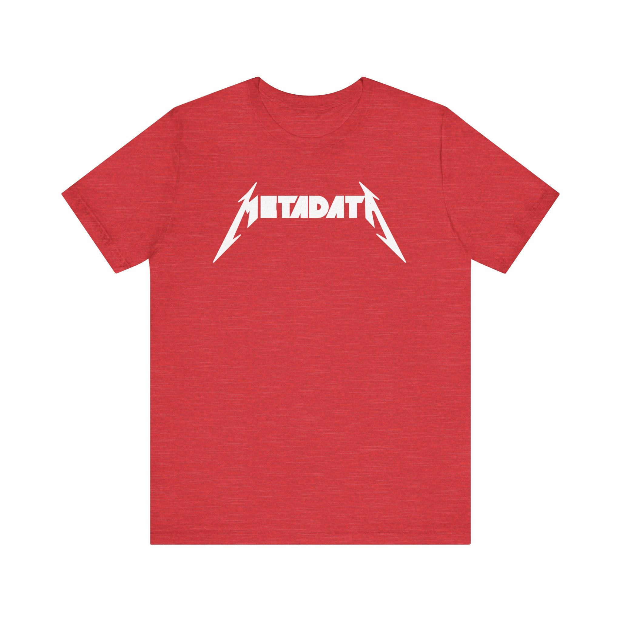 Discover unmatched comfort with the "Metadata - T-Shirt," crafted from Airlume combed cotton. Featuring a striking red design styled like the Metallica logo, this standout T-shirt offers both style and quality for ideal everyday wear.