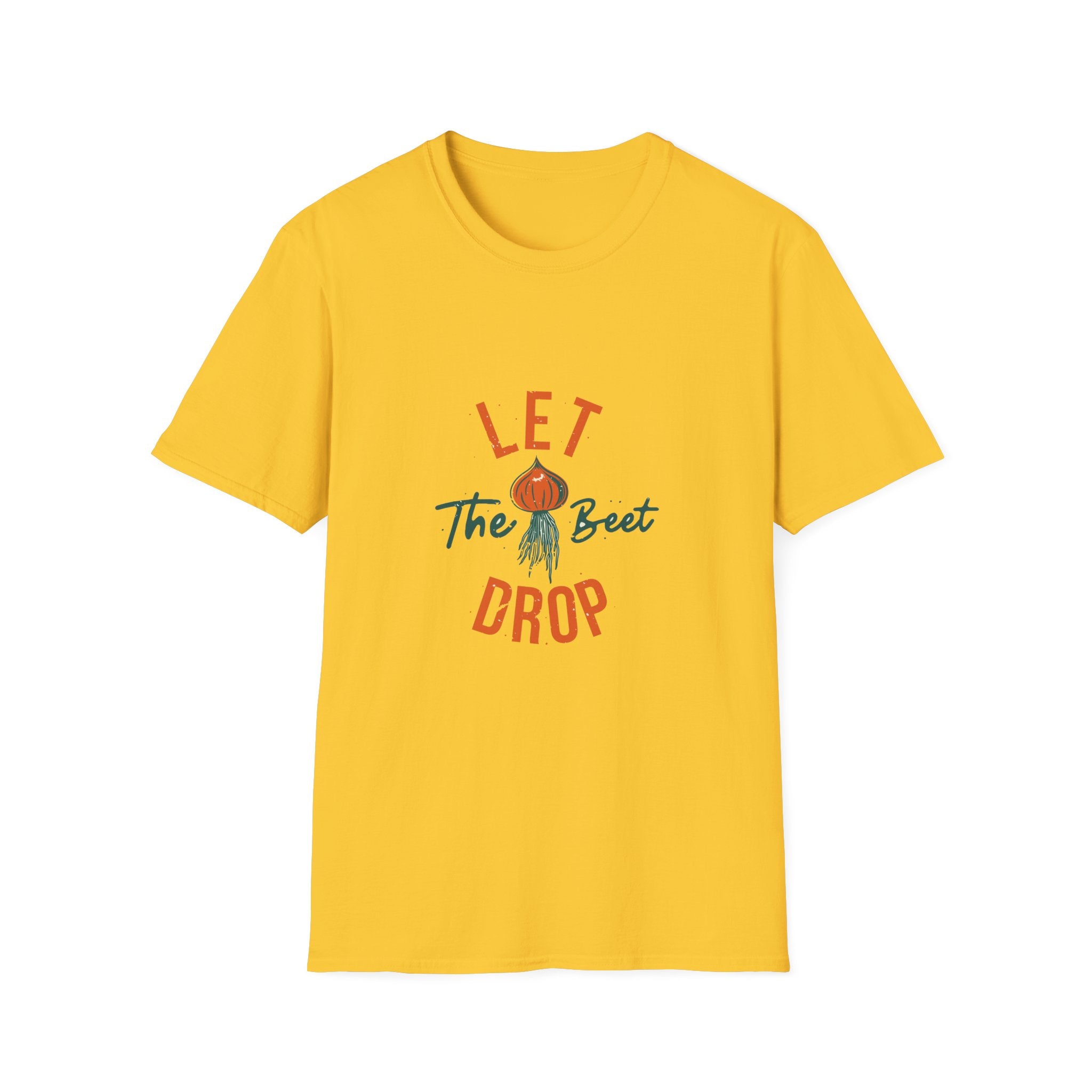 Trendy top showcasing the Let the Beet Drop T-Shirt design, complete with a fun phrase and a striking illustration of a beet.