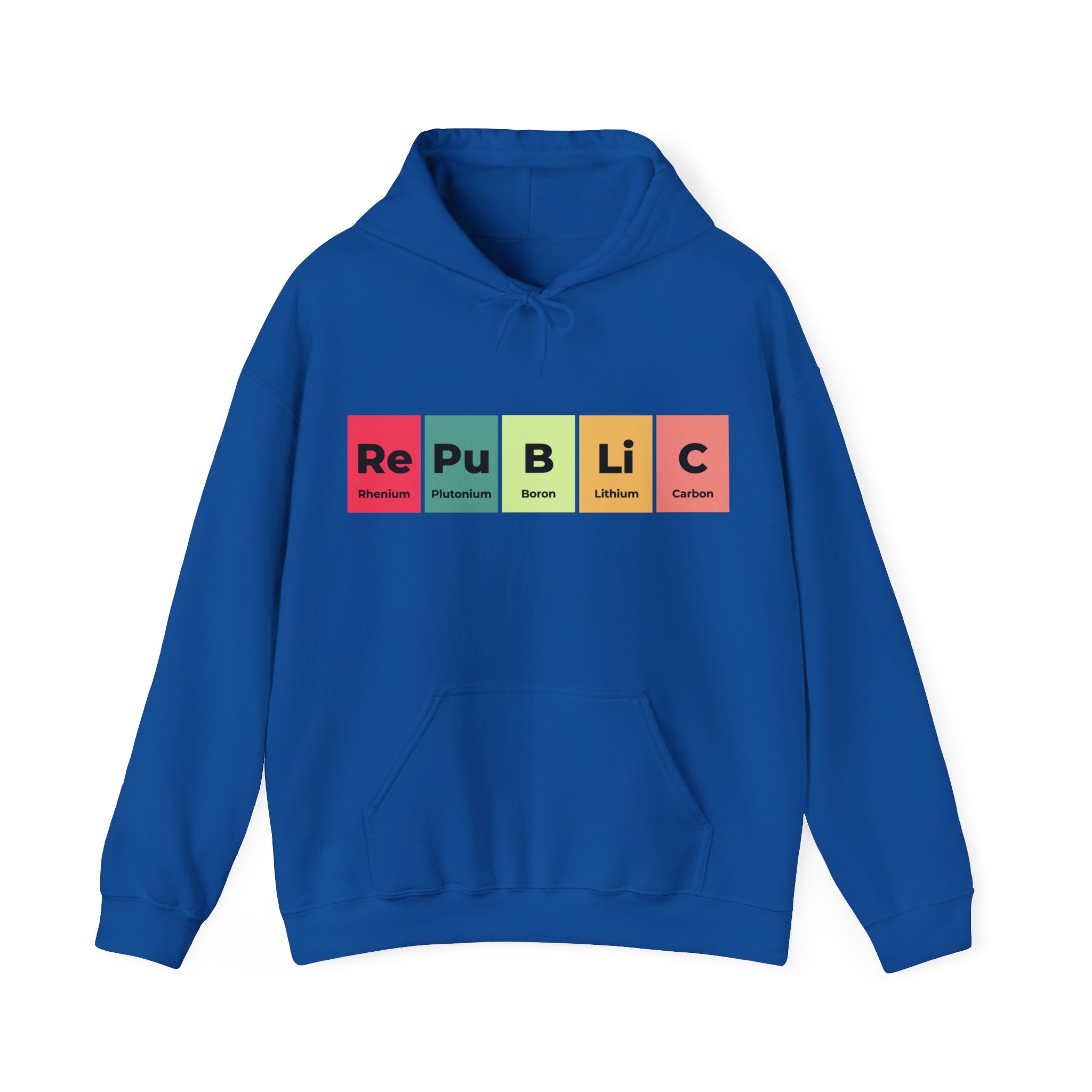 A Republic - Hooded Sweatshirt featuring a design with colorful blocks representing chemical elements spelling out "RePuBLiC," perfect for showcasing your patriotic pride.