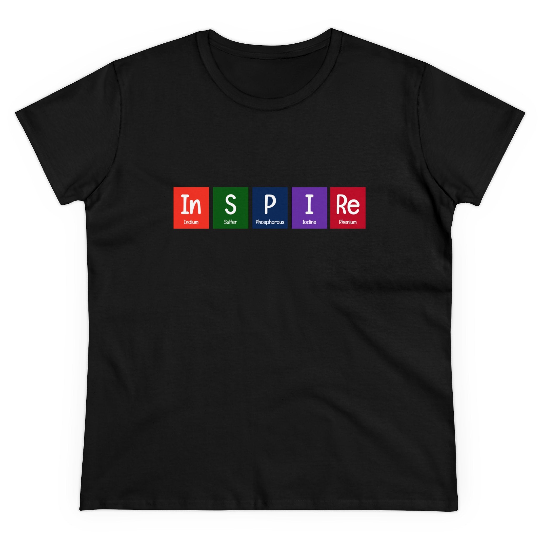 A stylish black In-S-P-I-Re - Women's Tee emblazoned with the word "INSPIRE," creatively spelled out using elements from the periodic table: Indium, Sulfur, Phosphorus, Iodine, and Rhenium. This shirt radiates positivity and science-inspired flair.