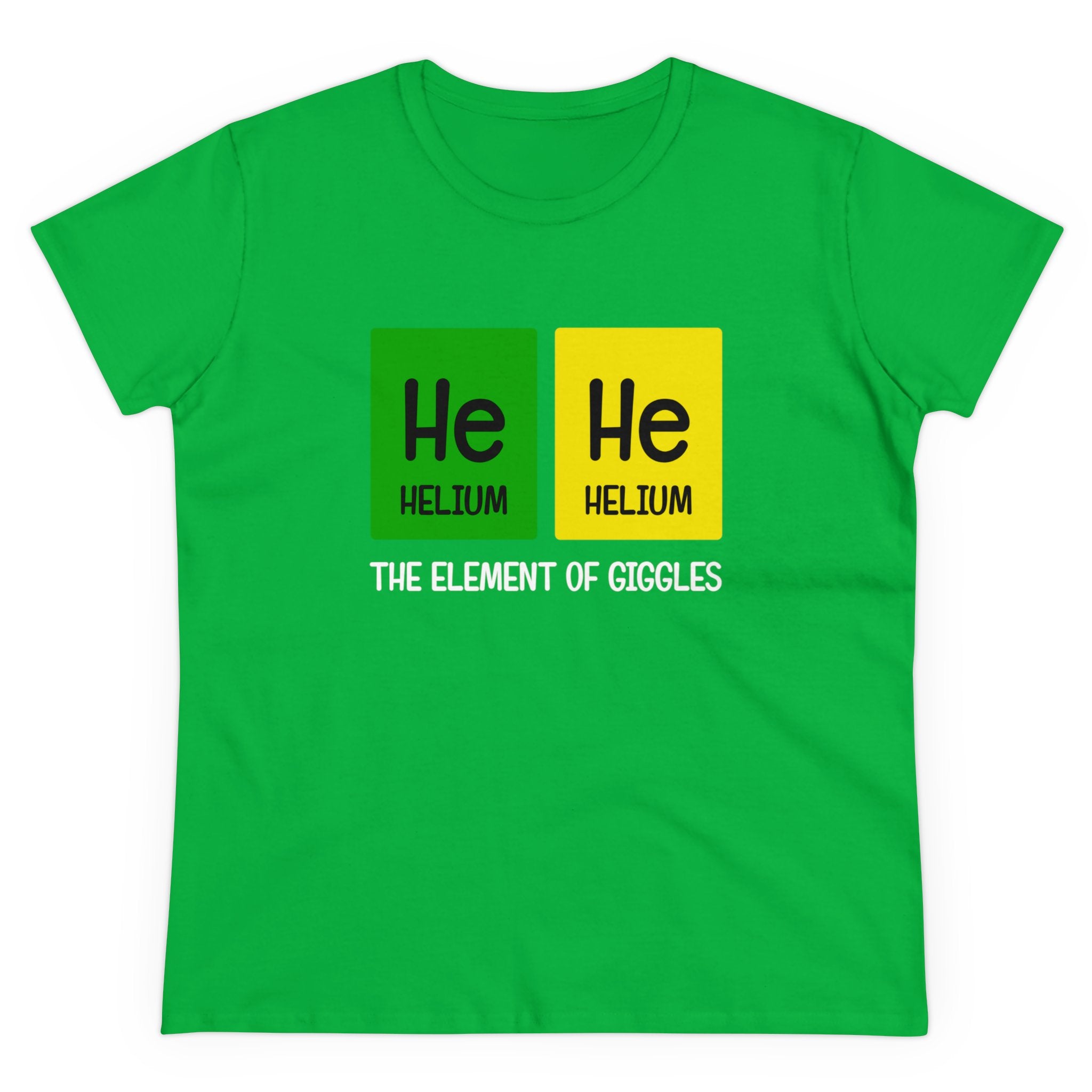 Green He-He - Women's Tee featuring periodic table element Helium symbols 'He' colored in dark and light shades with the text "Helium, the element of giggles" below. Made from ethically grown cotton for an ultra-cozy feel, this stylish piece merges comfort with a touch of scientific humor.