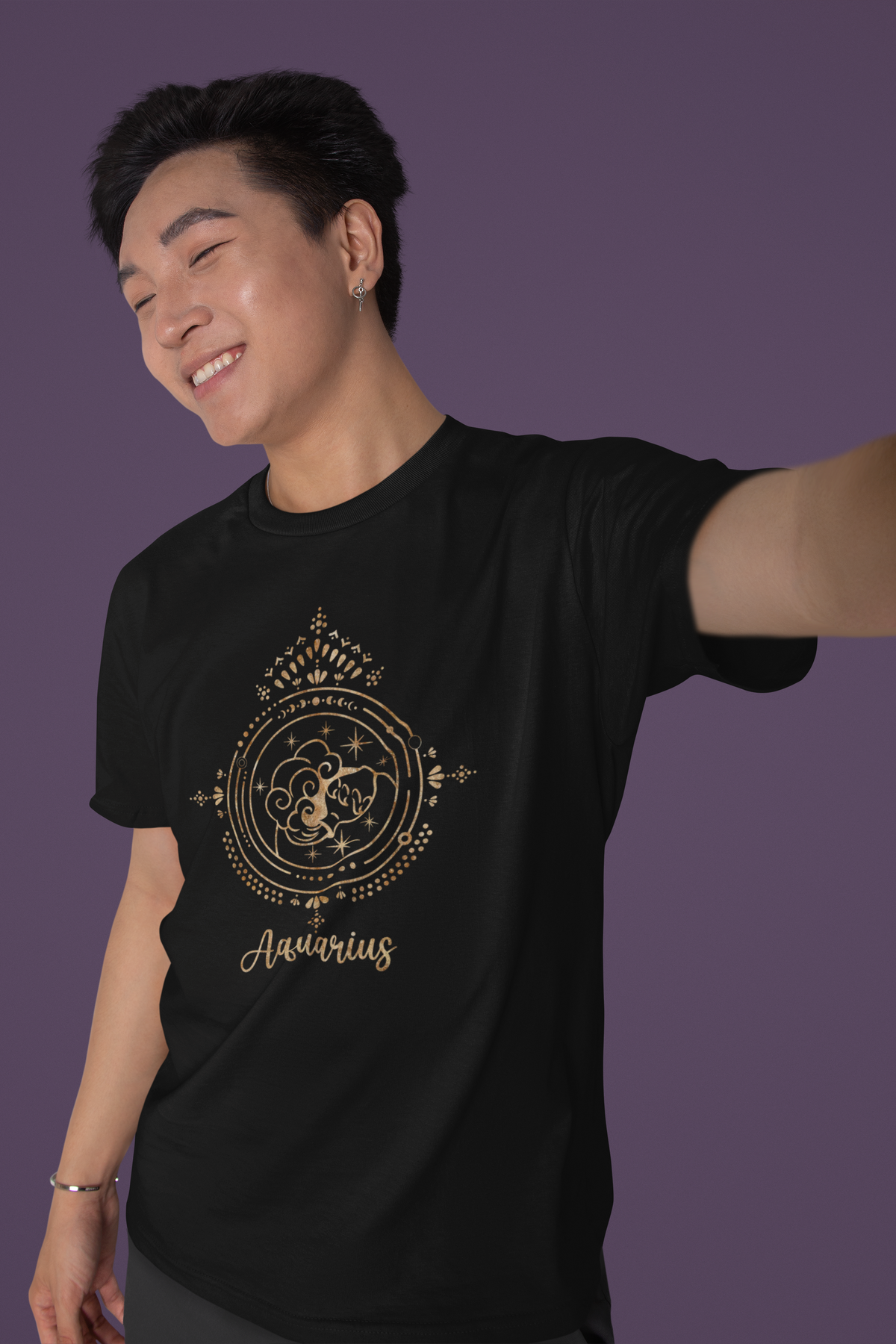Aquarius zodiac T-shirt in black, smiling man wearing it, funny gift for astrology lovers