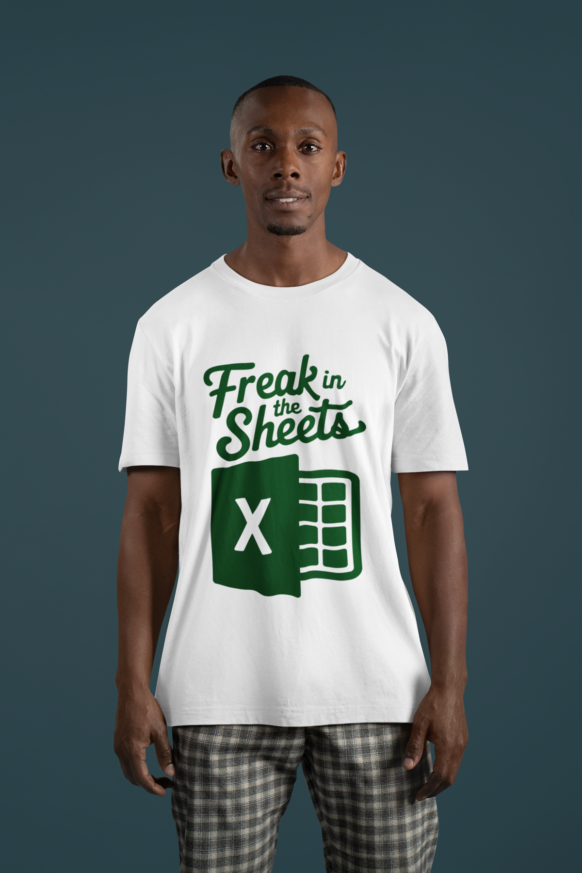 "Freak in the Sheets" Excel t-shirt in white, man wearing it on teal background, funny gift for spreadsheet lovers