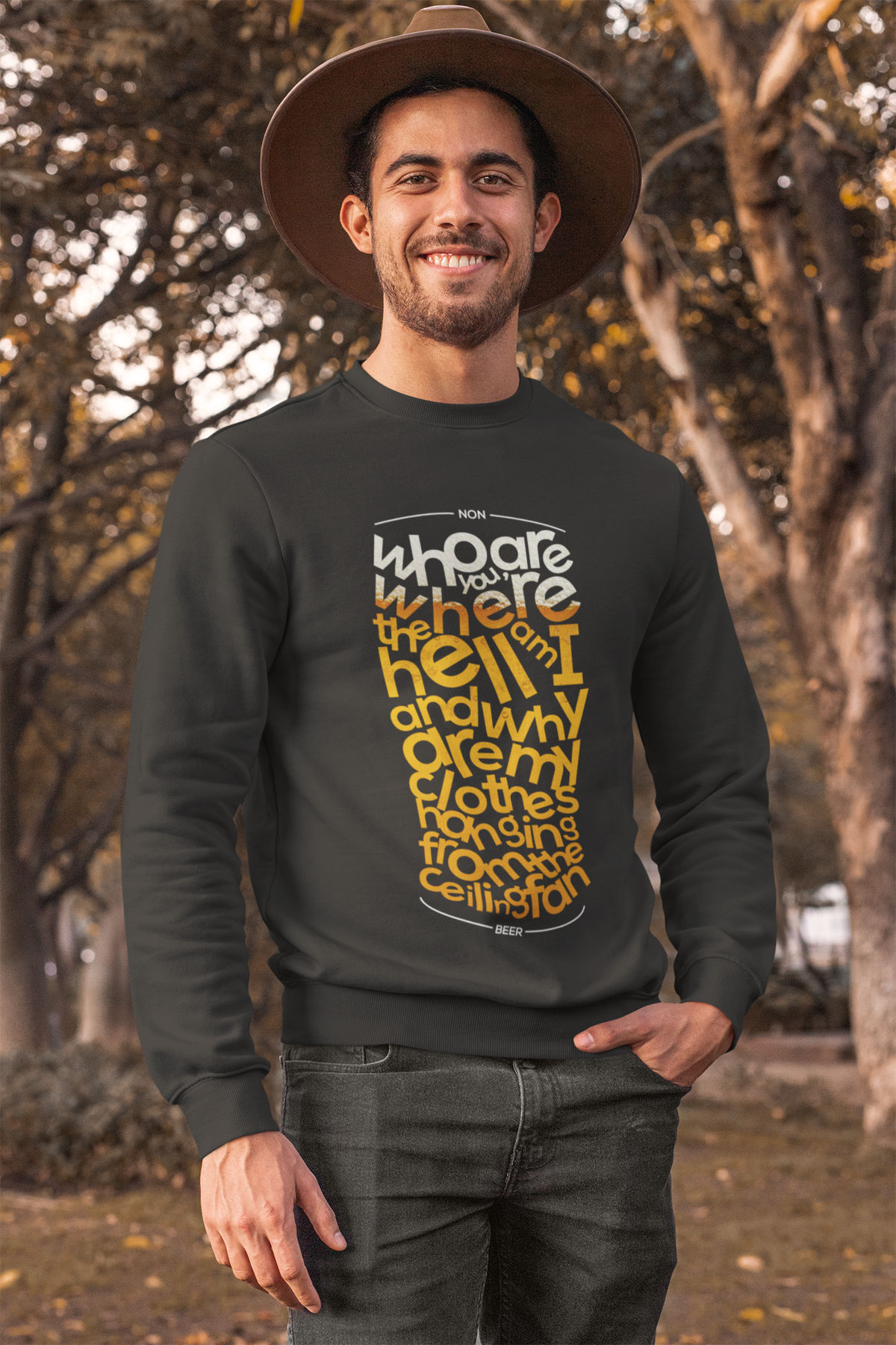 Beer Word Art crewneck sweatshirt in charcoal, man wearing it outdoors, funny gift for beer lovers