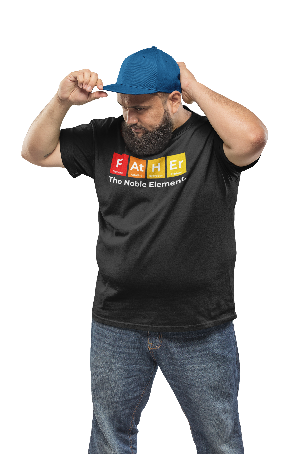 'Father: The Noble Element' t-shirt in black, man wearing it with cap, funny periodic table gift