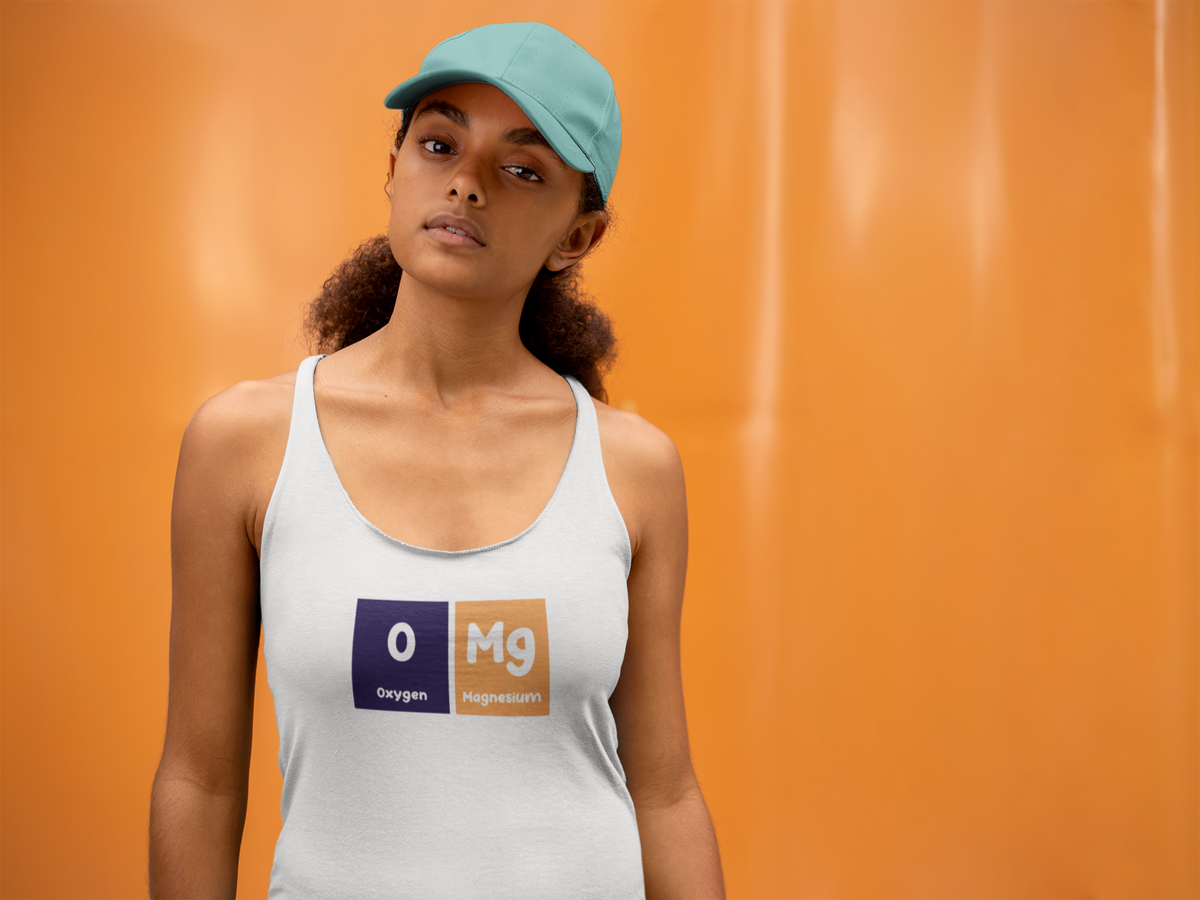 'O-Mg Periodic Table Women's Tank' in white, woman by an orange wall, Tank Top mockup, Geekpsters