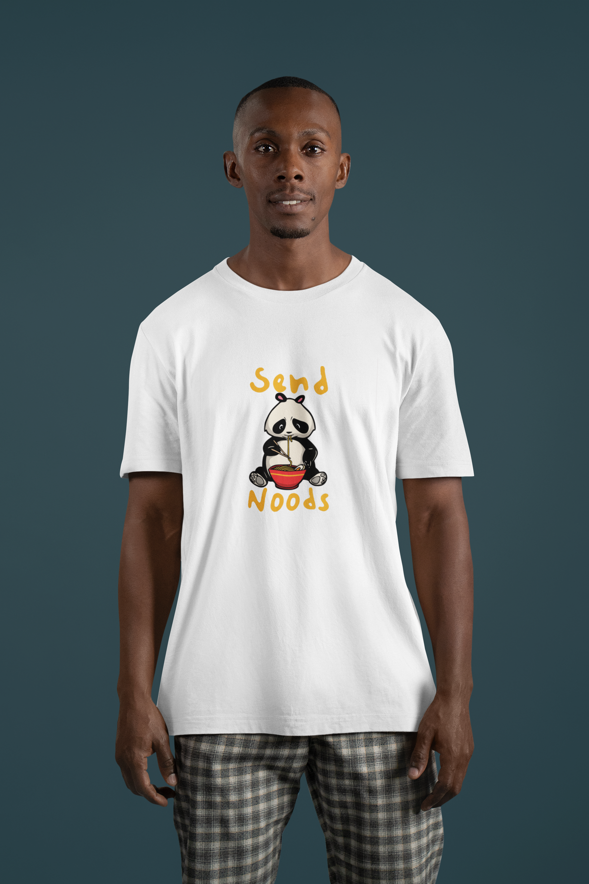 'Send Noods' panda t-shirt in white, man wearing it outdoors, funny ramen lover gift for foodies