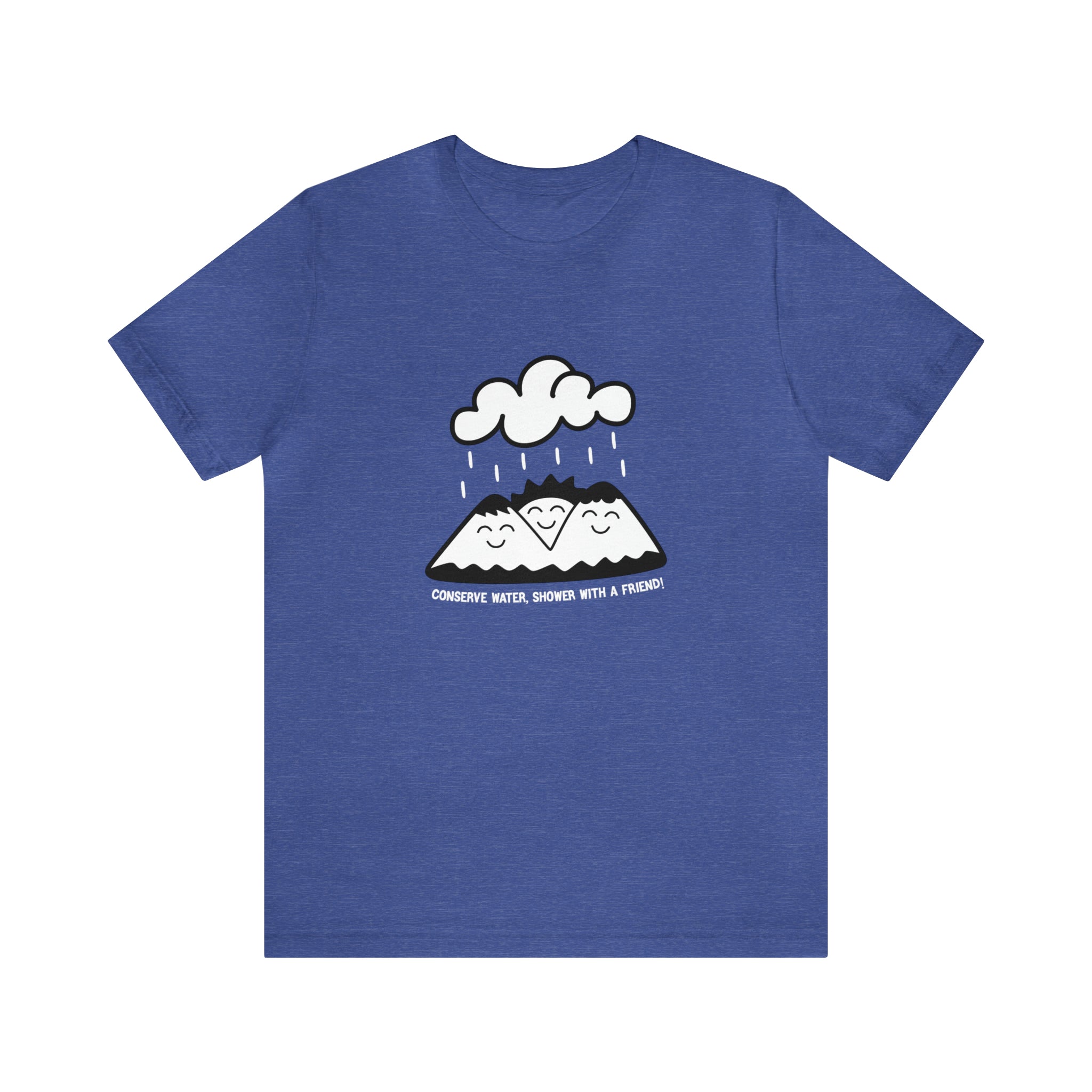 An eco-friendly Conserve Water Shower with a Friend T-shirt with an image of a mountain and clouds.