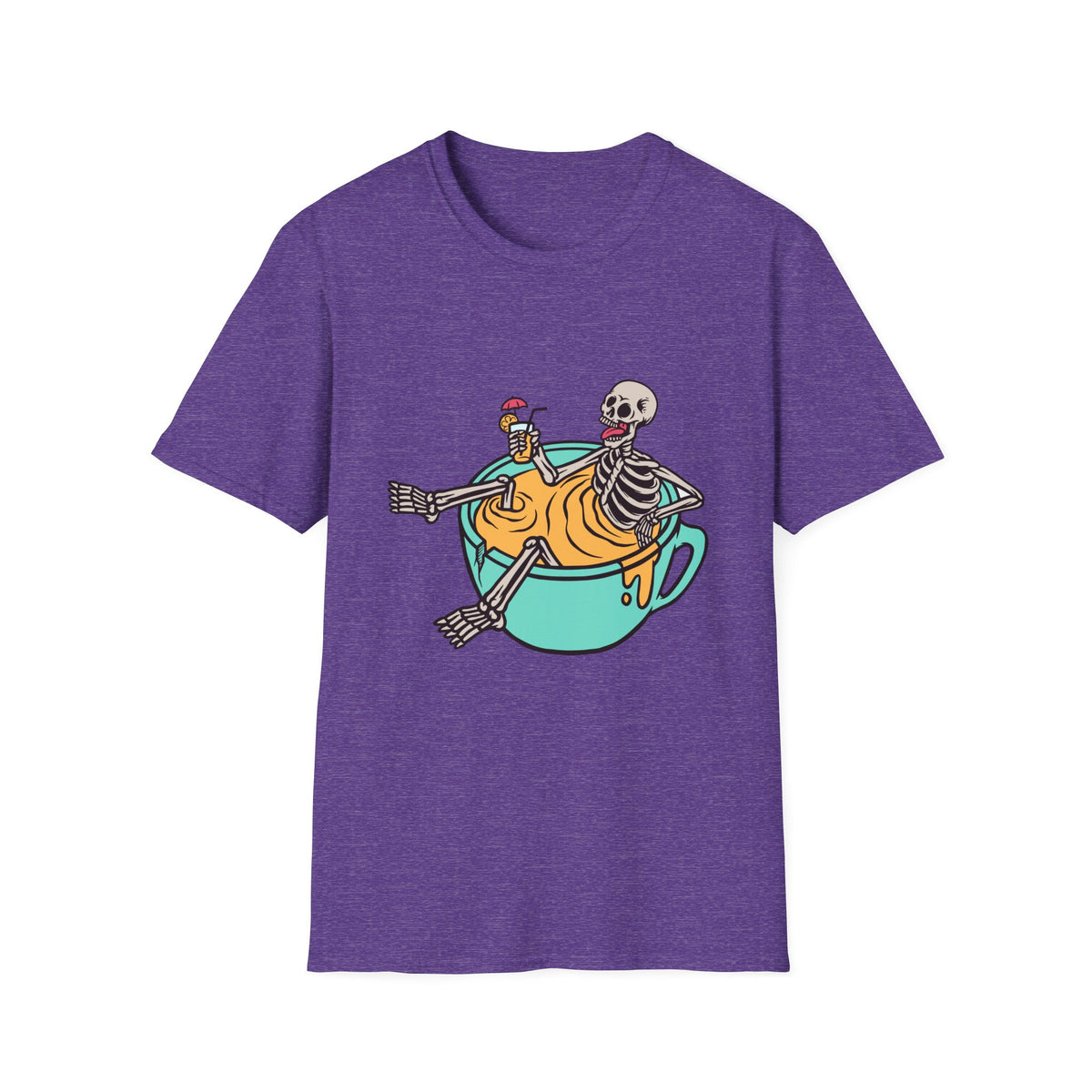 'Relaxing Skull' skeletons in a teacup t-shirt in purple, front print visible, funny coffee lover tee