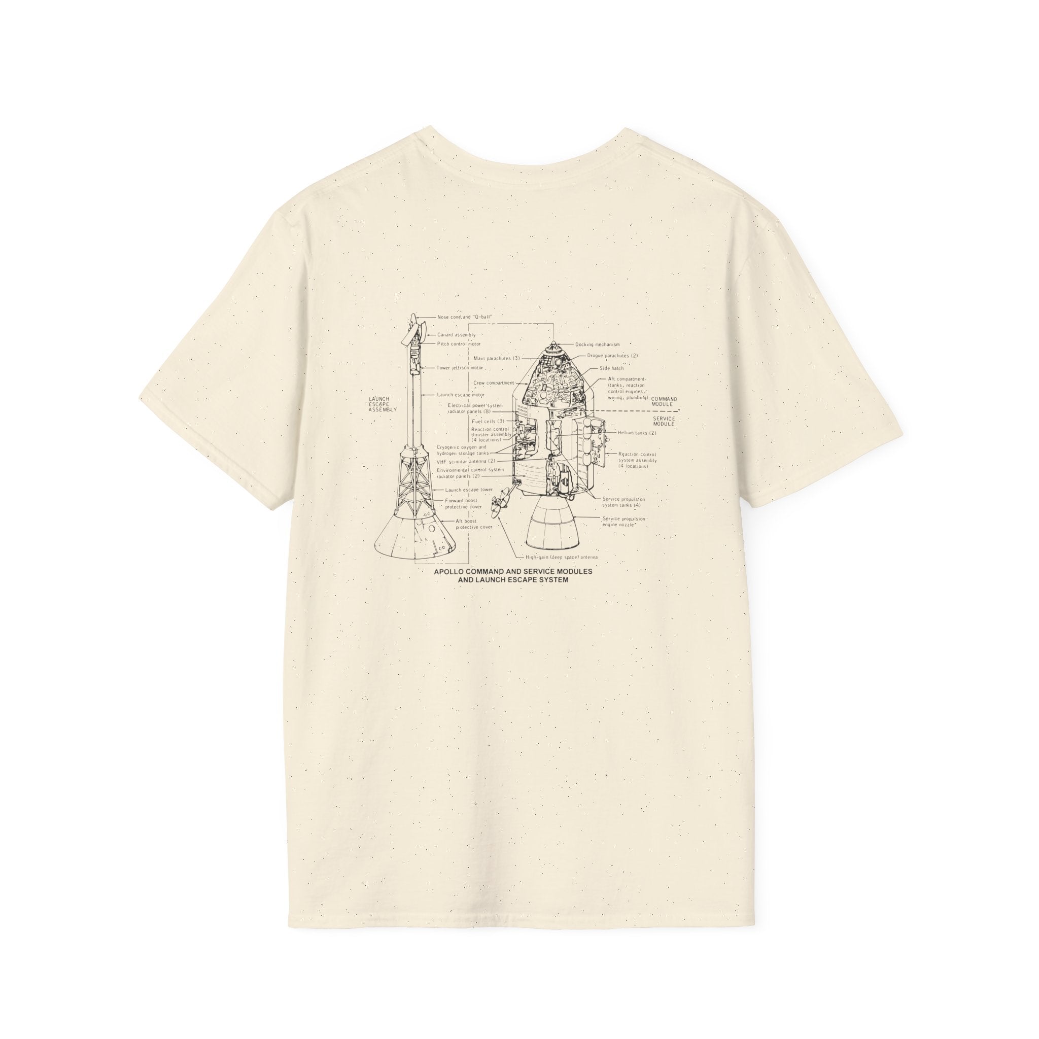 Beige Apollo Command & Service Module T-Shirt showcasing a technical diagram from the iconic Apollo space program, with labeled components on the back.