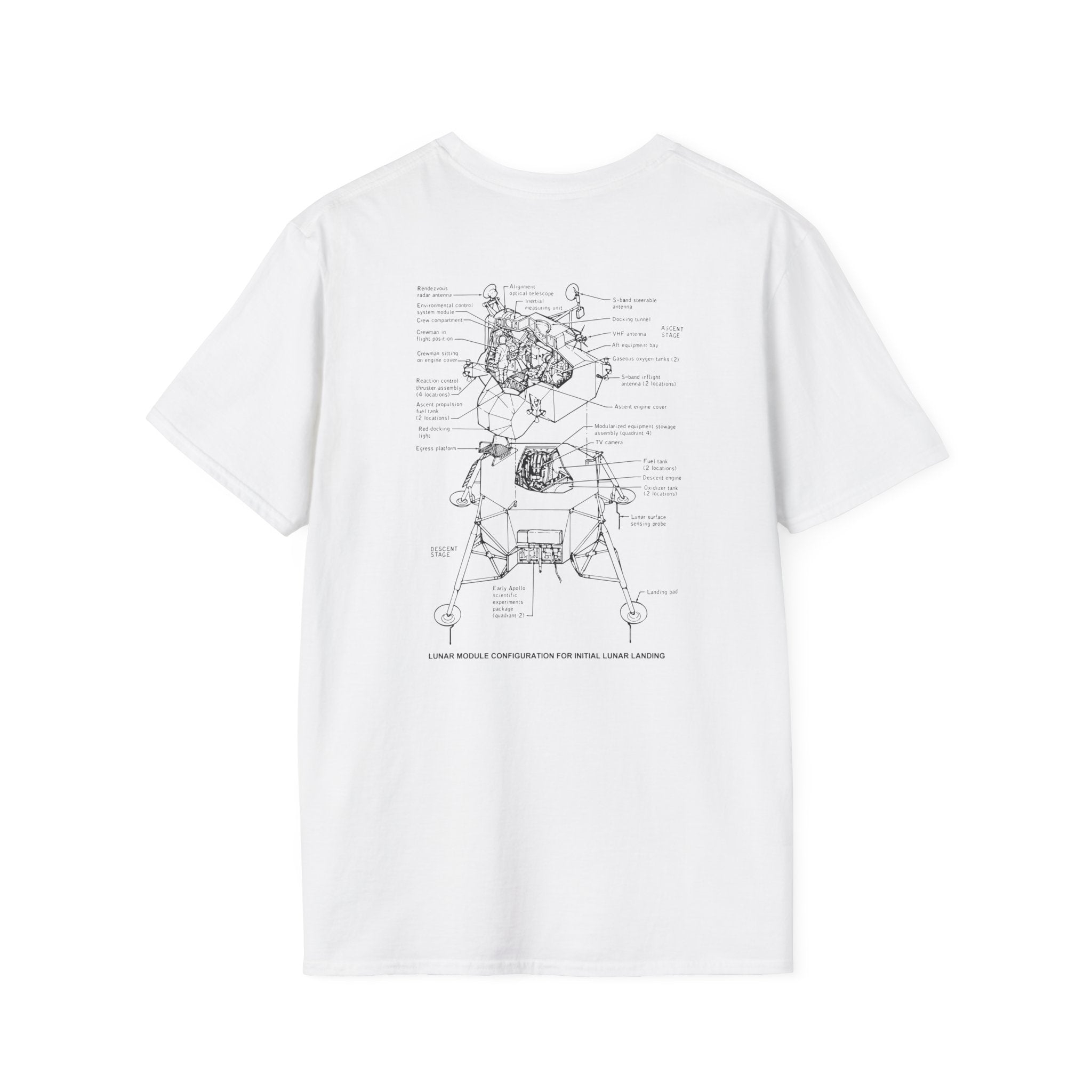 Introducing the Lunar Module for Landing T-Shirt, a white tee that showcases a technical diagram of the lunar module with labeled components printed in black on the back, celebrating the iconic Apollo program.