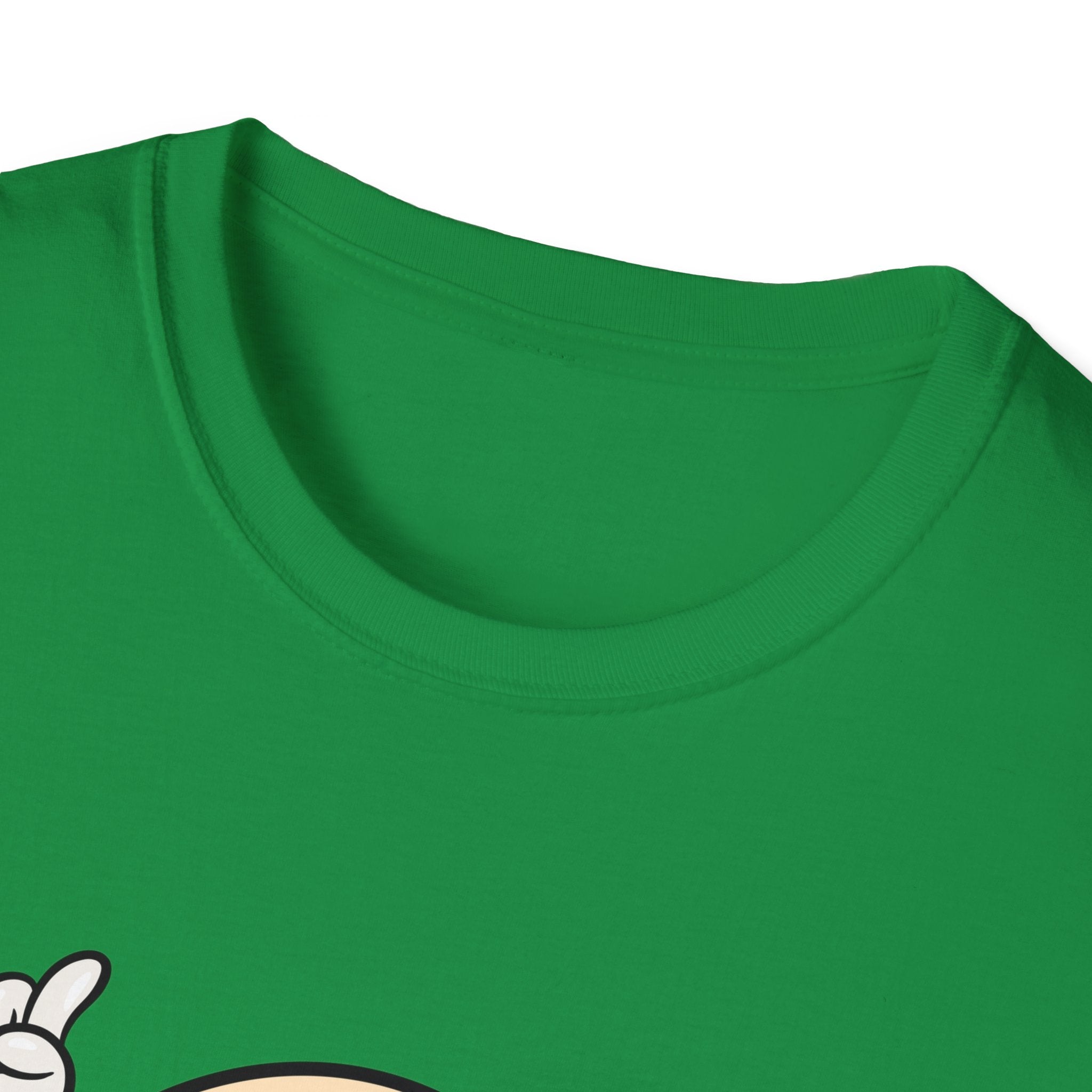 Close-up of the collar of the green "Burger Cartoon" t-shirt, showcasing part of a cartoon design where a character's hand is making a peace sign.