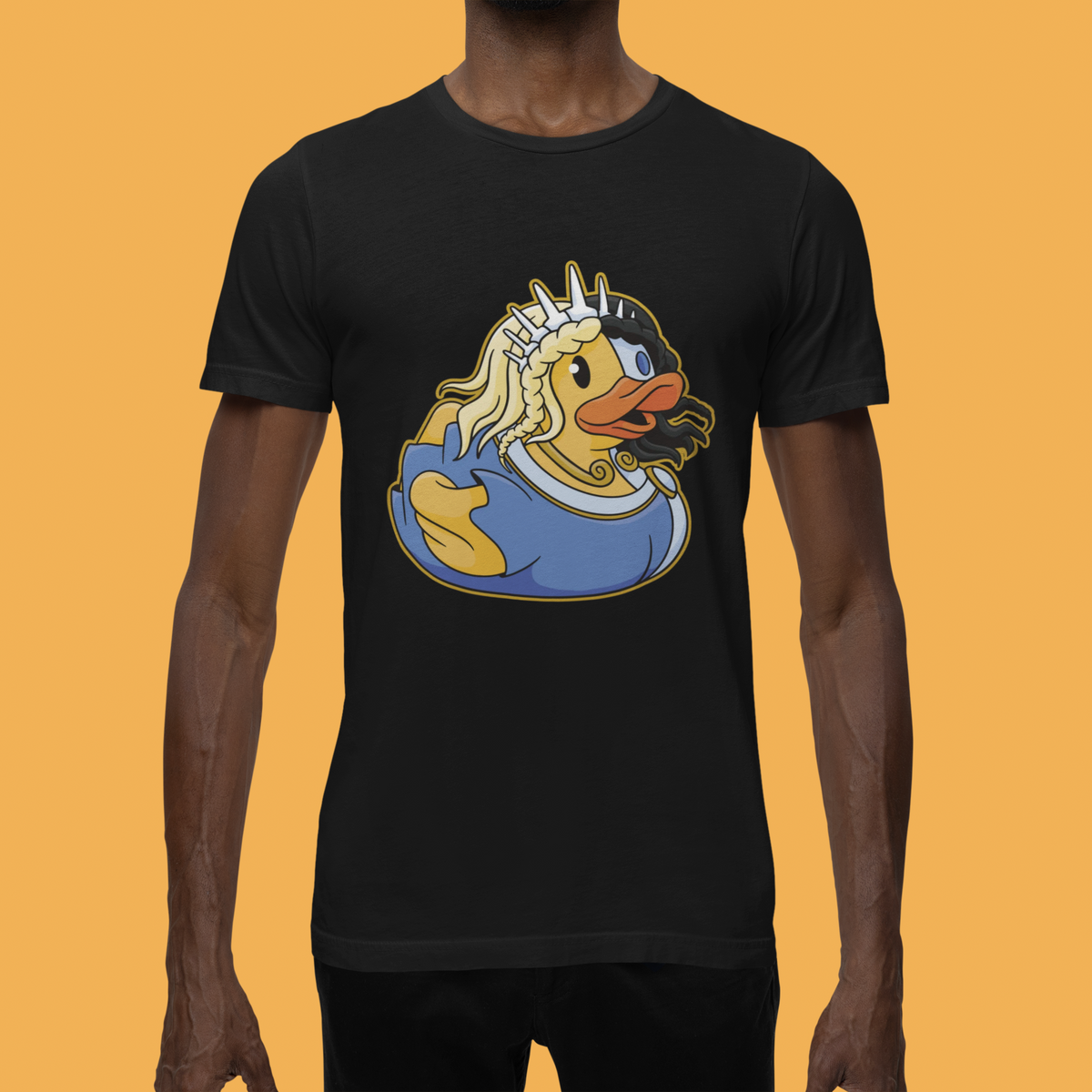 Cyber duck t-shirt in black, man model wearing it against an orange background, funny cyberpunk gift