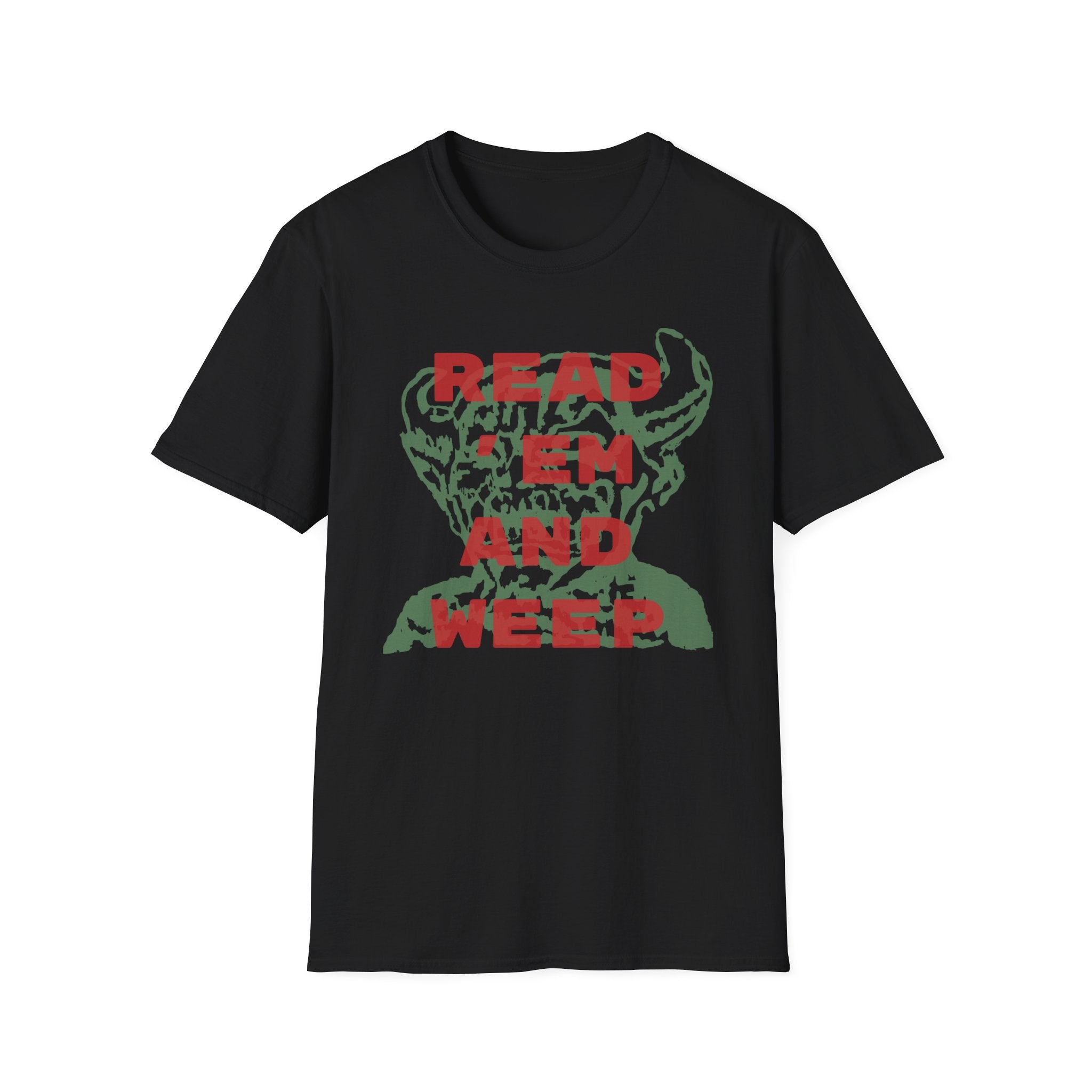 The Read Them and Weep - By MISTO T-Shirt features a black design with a stylized graphic of a horned creature, complemented by bold red text proclaiming "READ 'EM AND WEEP" across the chest, inviting intrigue and self-discovery.