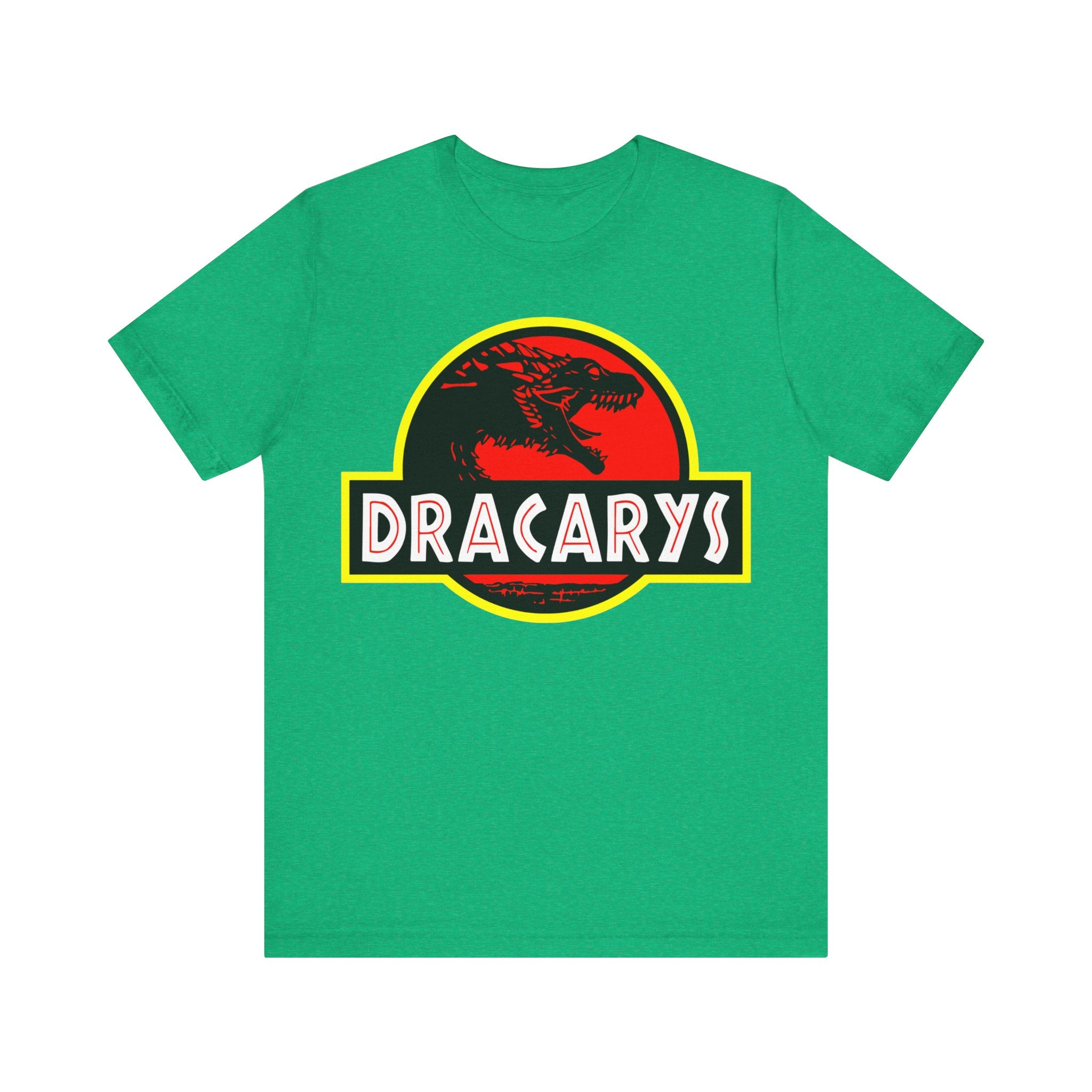 Green Dracarys T-Shirt with a graphic of a black dragon silhouette inside a red circle, and the word "dracarys" in bold yellow letters below on classic tee.