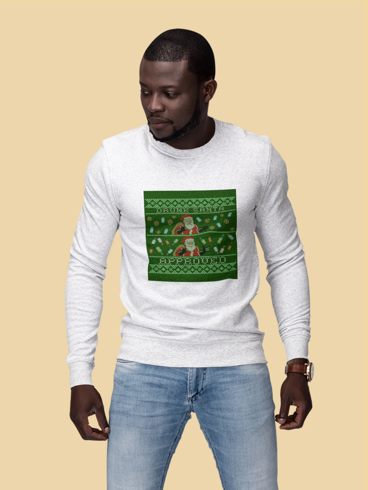 'Drunk Santa Approved' ugly christmas sweatshirt in white, man wearing it outdoors, funny xmas gift
