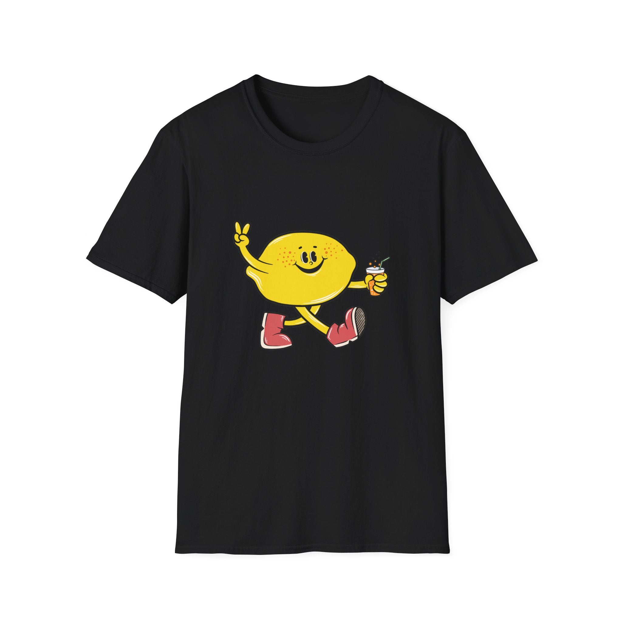 Black T-shirt featuring a Cartoon Lemon character in yellow, wearing red boots, holding a drink, and giving a peace sign.