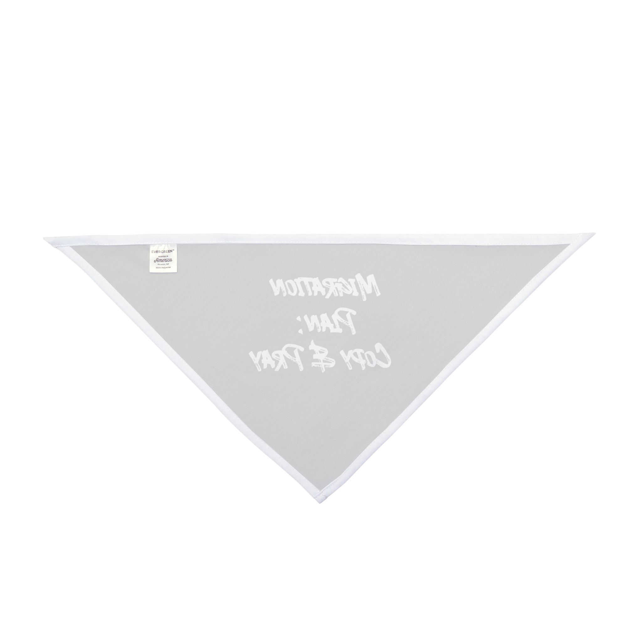 Introducing the Migration Plan Copy and Pray - Pet Bandana, a polyester accessory designed with a triangular gray pattern and adorned with "Marathon Man: Cory & Trev" printed in white text.