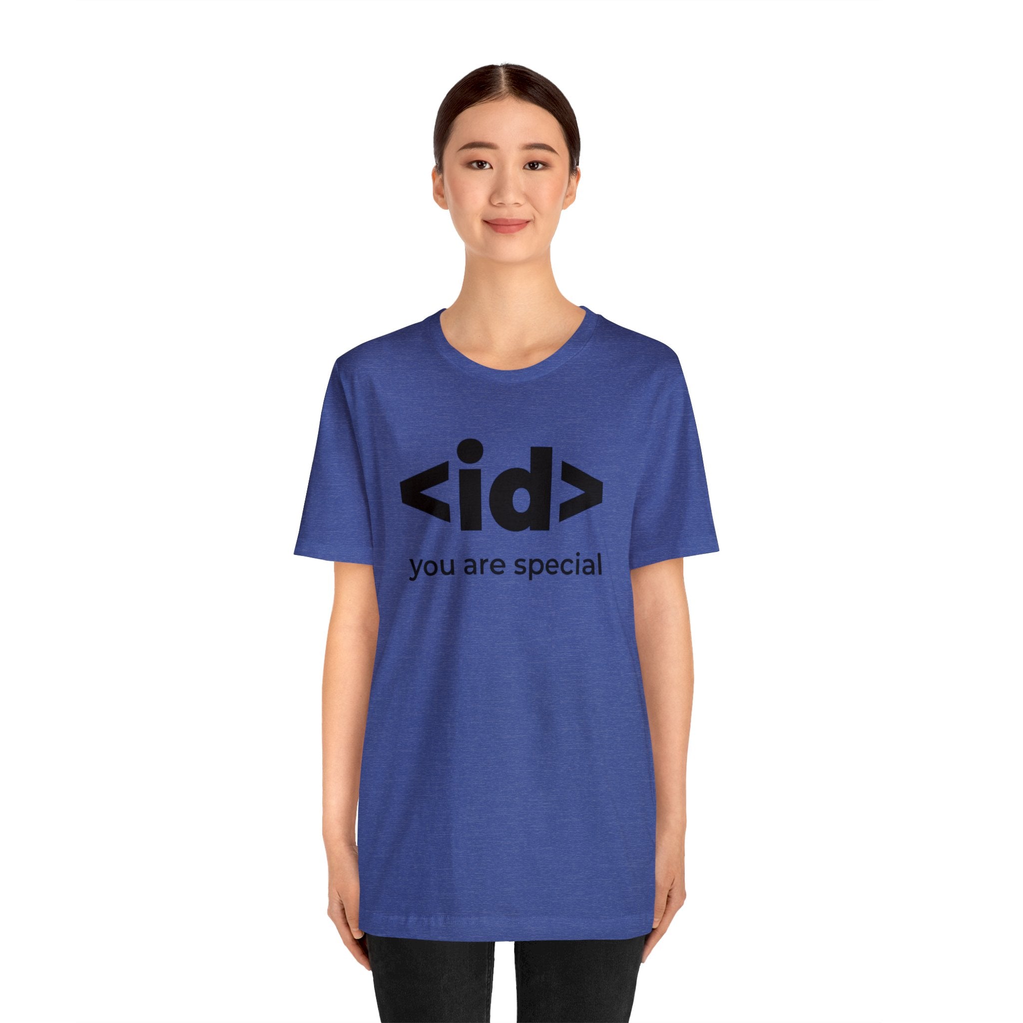 A brilliant woman showing off her blue <id> You Are Special T-Shirt with the word dbi printed on it.