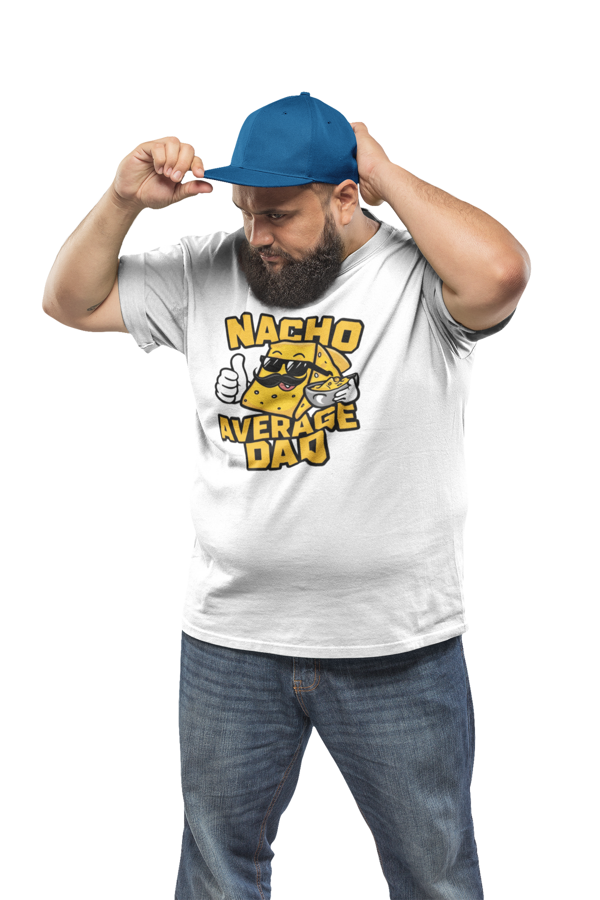 "Nacho Average Dad" t-shirt in white, man wearing it and a cap, funny gift for nacho loving dads