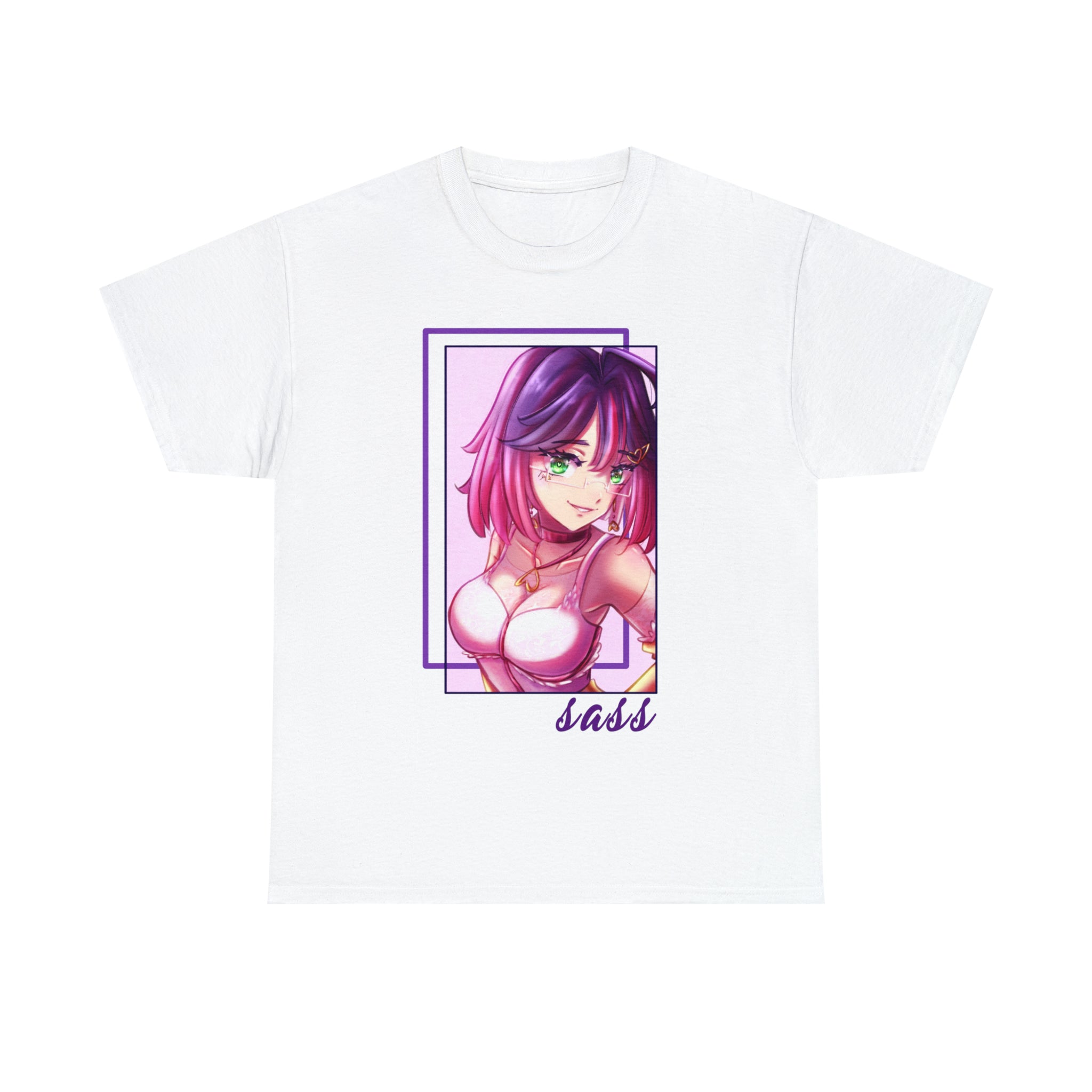 A Sass T-Shirt featuring artwork of a girl with purple hair.