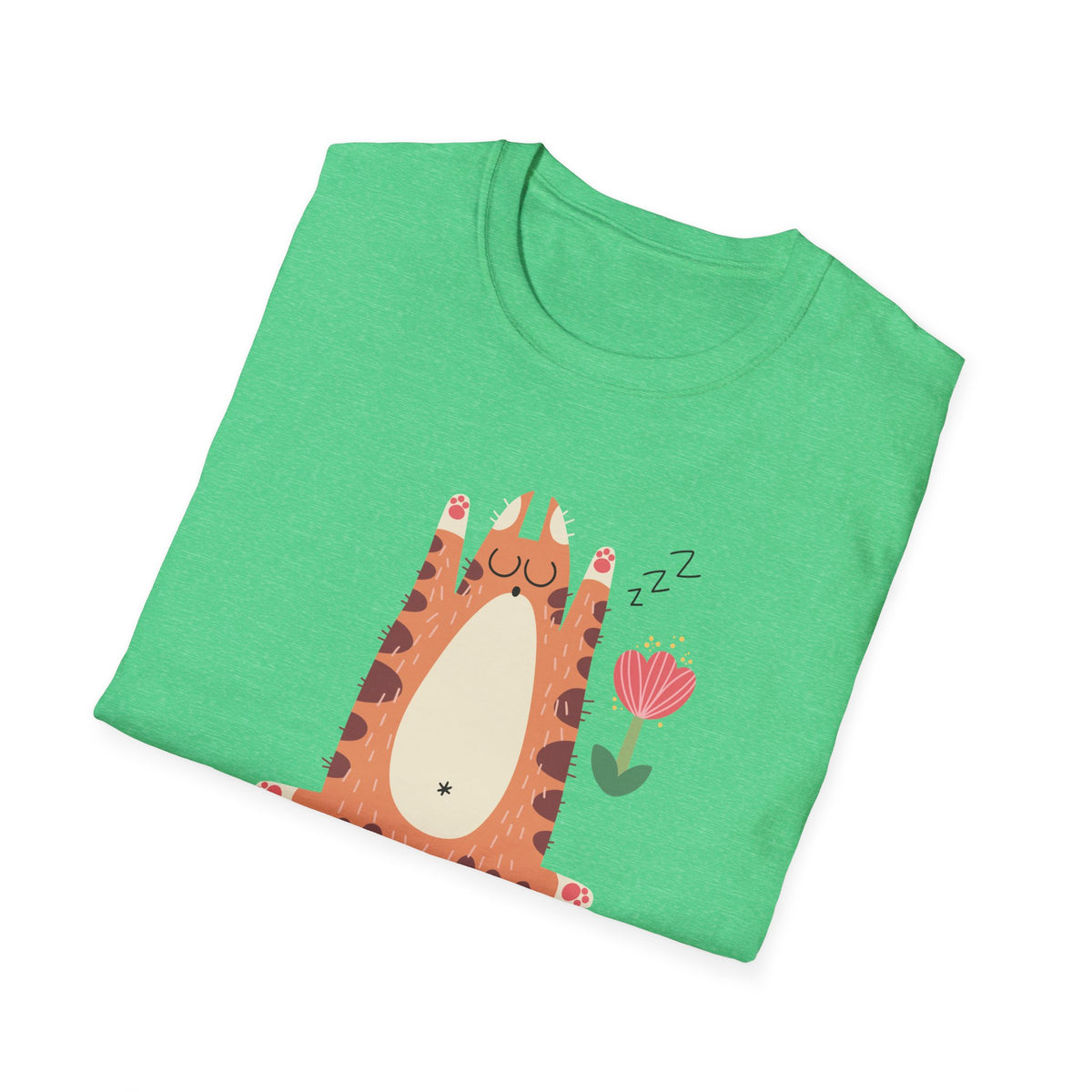 "You Make Me Go ZZZ" sleepy cat t-shirt in heather Irish green, folded flat lay, funny cat gift