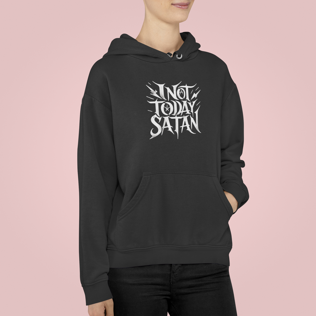 'Not Today Satan' hoodie in black, woman on pink background, funny gothic font hoodie gift idea
