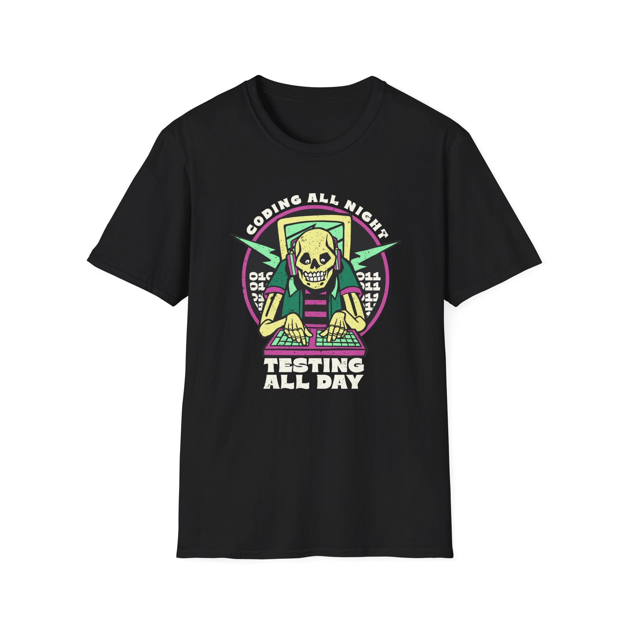 This cozy "Coding all Night, Testing By Day" T-shirt showcases a skeleton in a hooded cloak with a laptop, featuring the text "Coding All Night, Testing All Day" in vibrant colors. Made from high-quality cotton, it's ideal for those extended coding sessions.