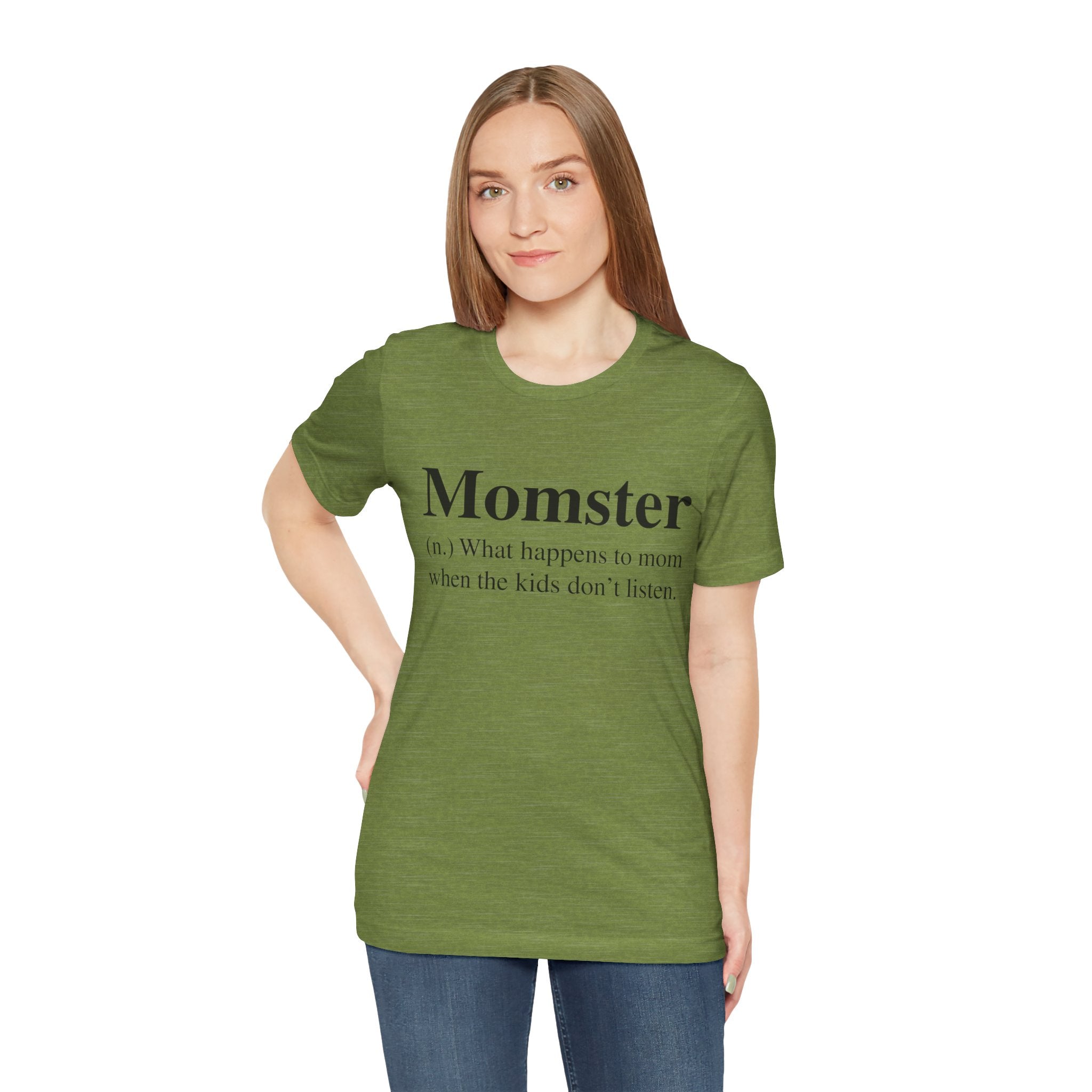 Woman in a soft cotton **Momster T-Shirt** with its definition printed on the front, standing against a plain background.