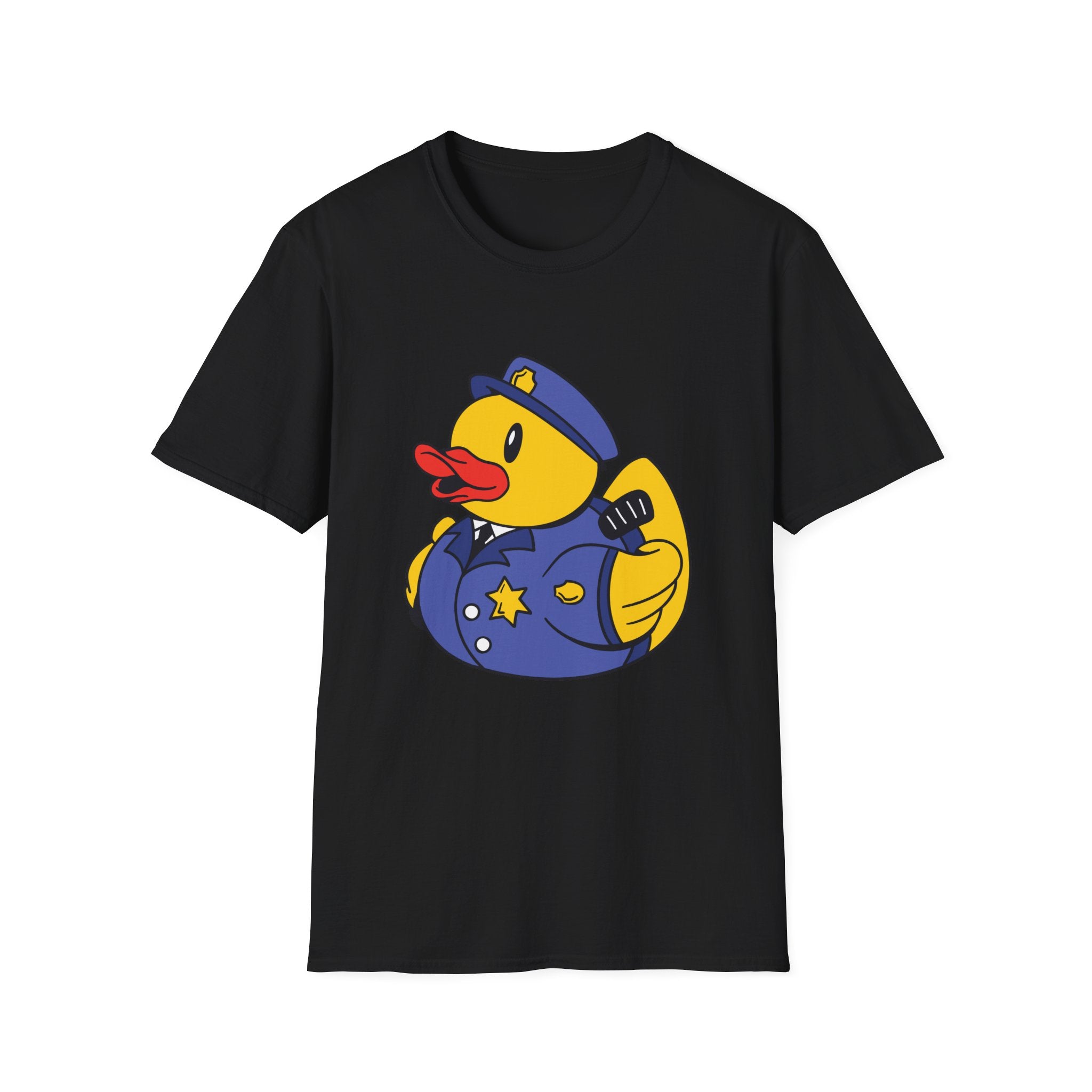 Police Duck T-Shirt in bold colors: a black tee featuring a cartoon duck dressed as a police officer, complete with uniform and badge.