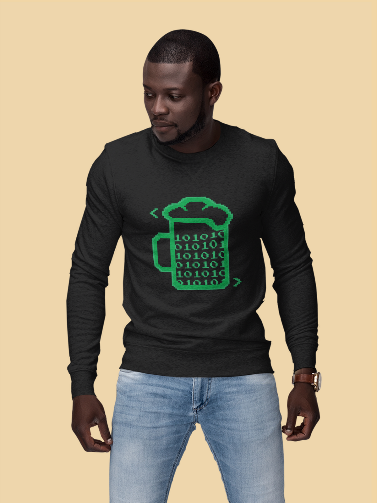 Beer Code binary mug sweatshirt in black, man wearing it on tan backdrop, funny gift for programmers