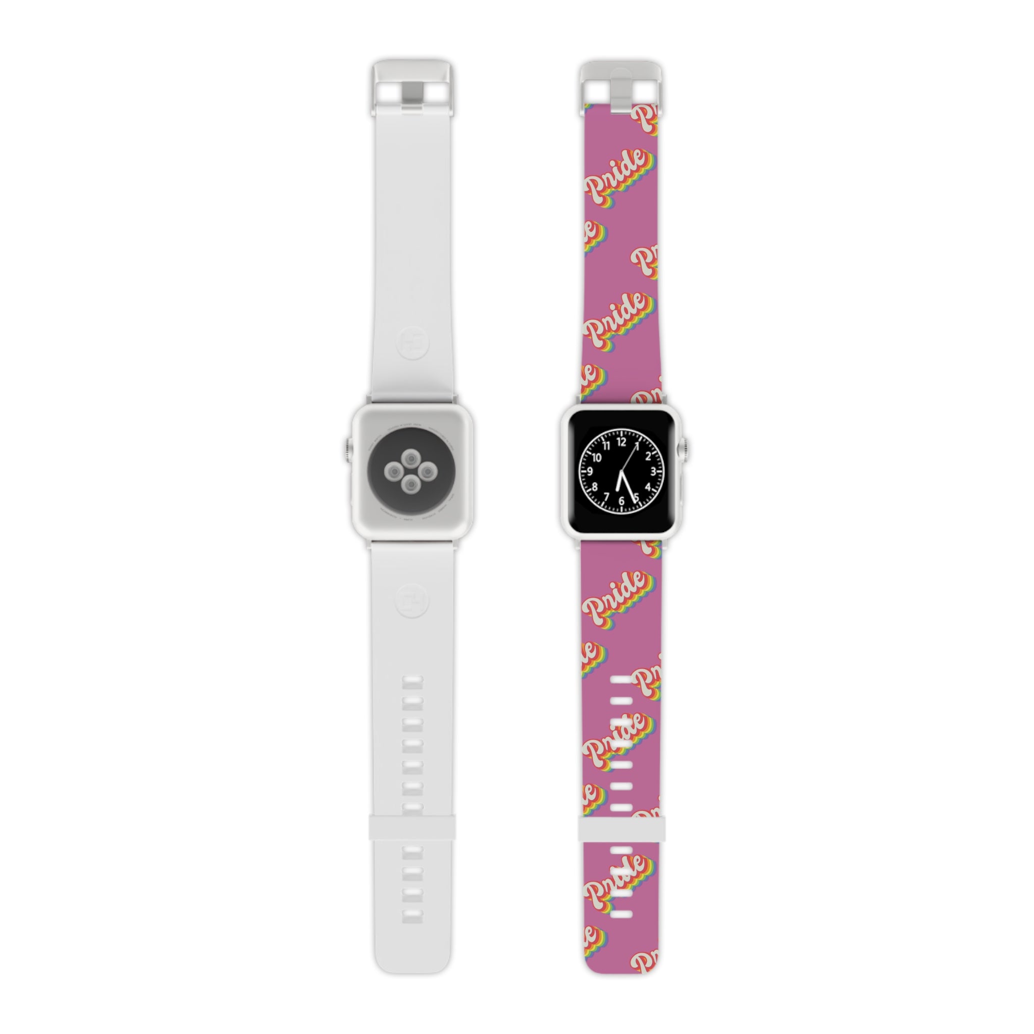 A fashionable alternative to the usual Pride Band for Apple Watch T-Shirt, this custom-printed pink and white strap features a stylish design.