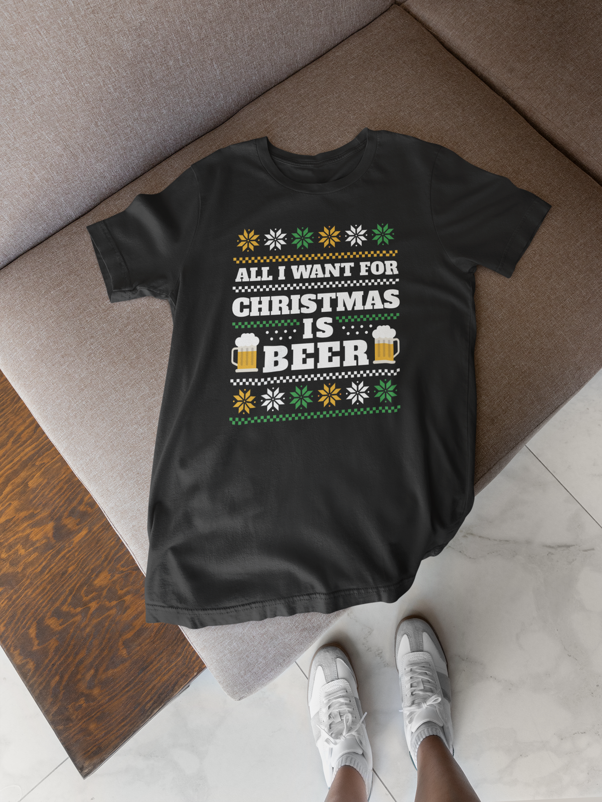 ‘All I Want For Christmas Is Beer’ black tee, flat lay on rug with shoes, funny gift idea