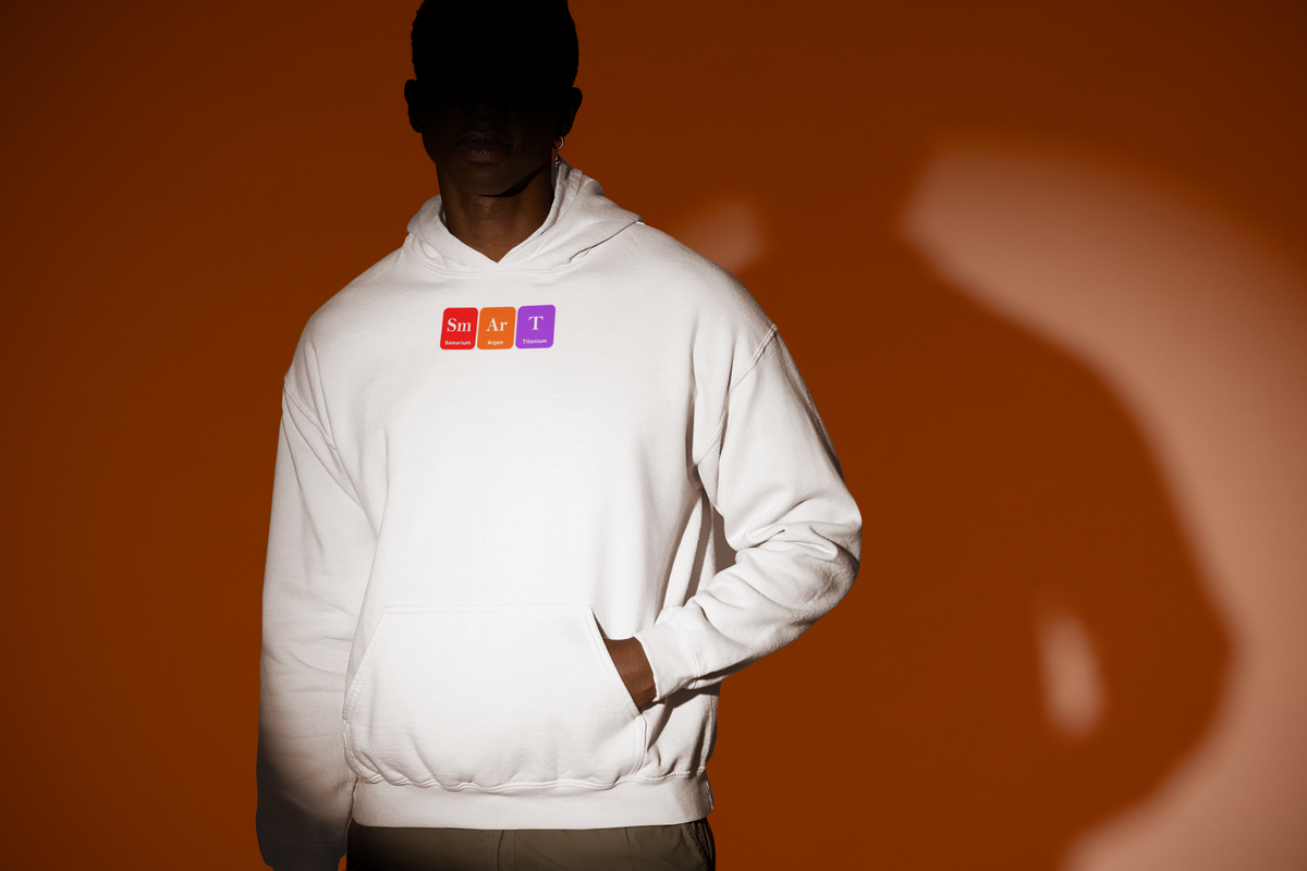 'Sm-Ar-T Periodic Table Hoodie' in white, man under a spotlight, Hoodie mockup, Geekpsters