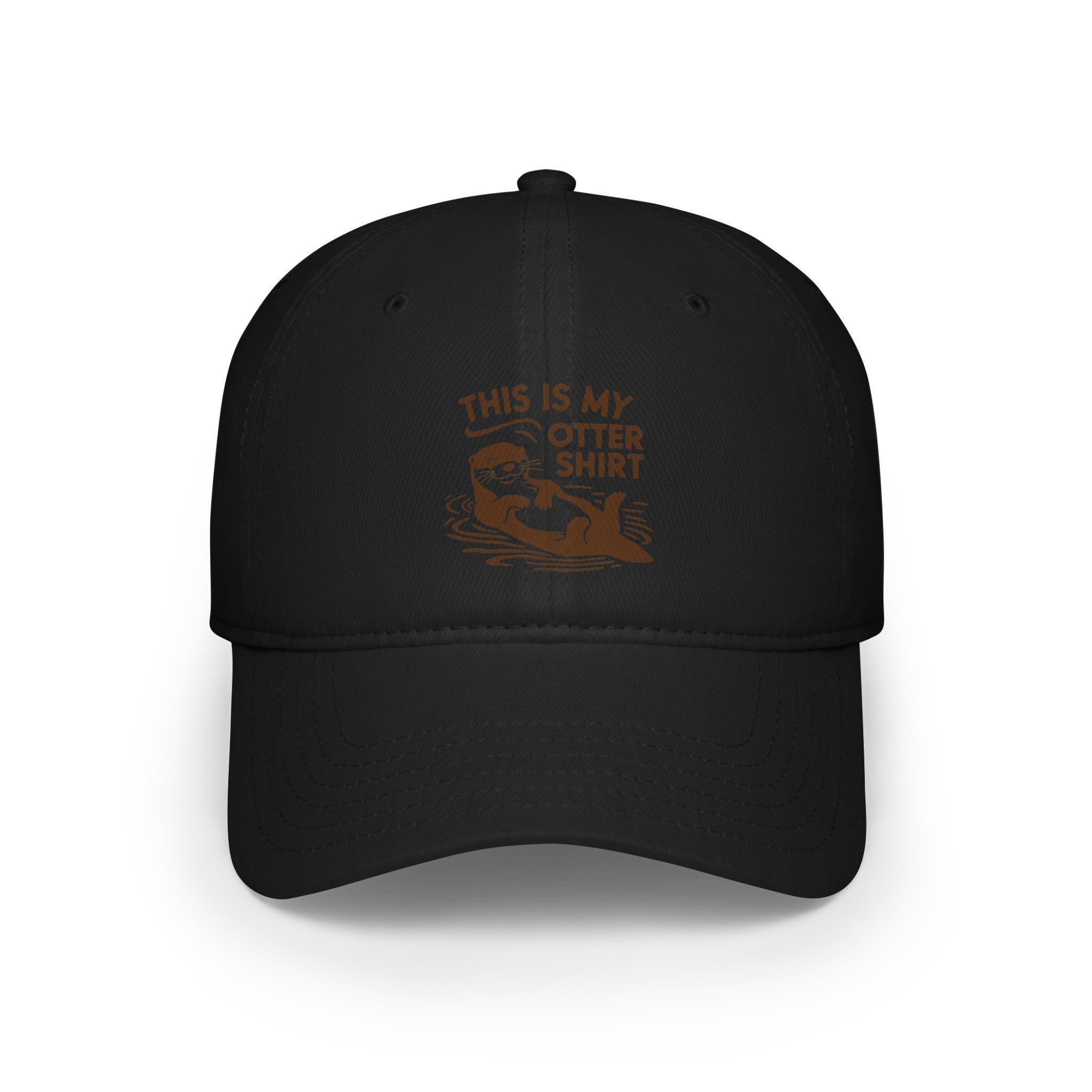 A black baseball cap with an illustration of an otter and the text, "This is my otter shirt," printed in brown on the front, offering unique style and exceptional comfort.