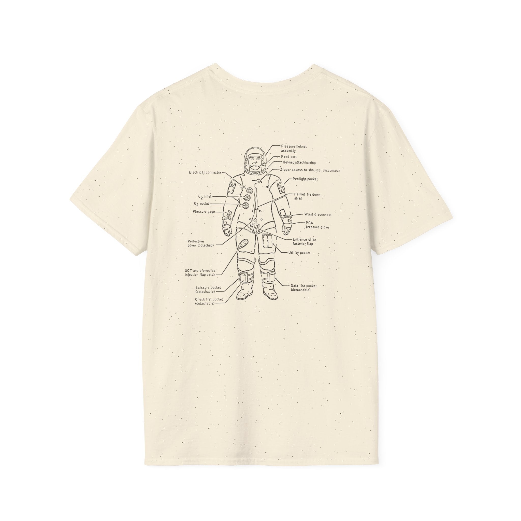 The "Getting Ready to Love Again T-Shirt" is a beige, cotton shirt that showcases a detailed astronaut suit illustration with labeled parts on the back—ideal for those seeking love among the stars.