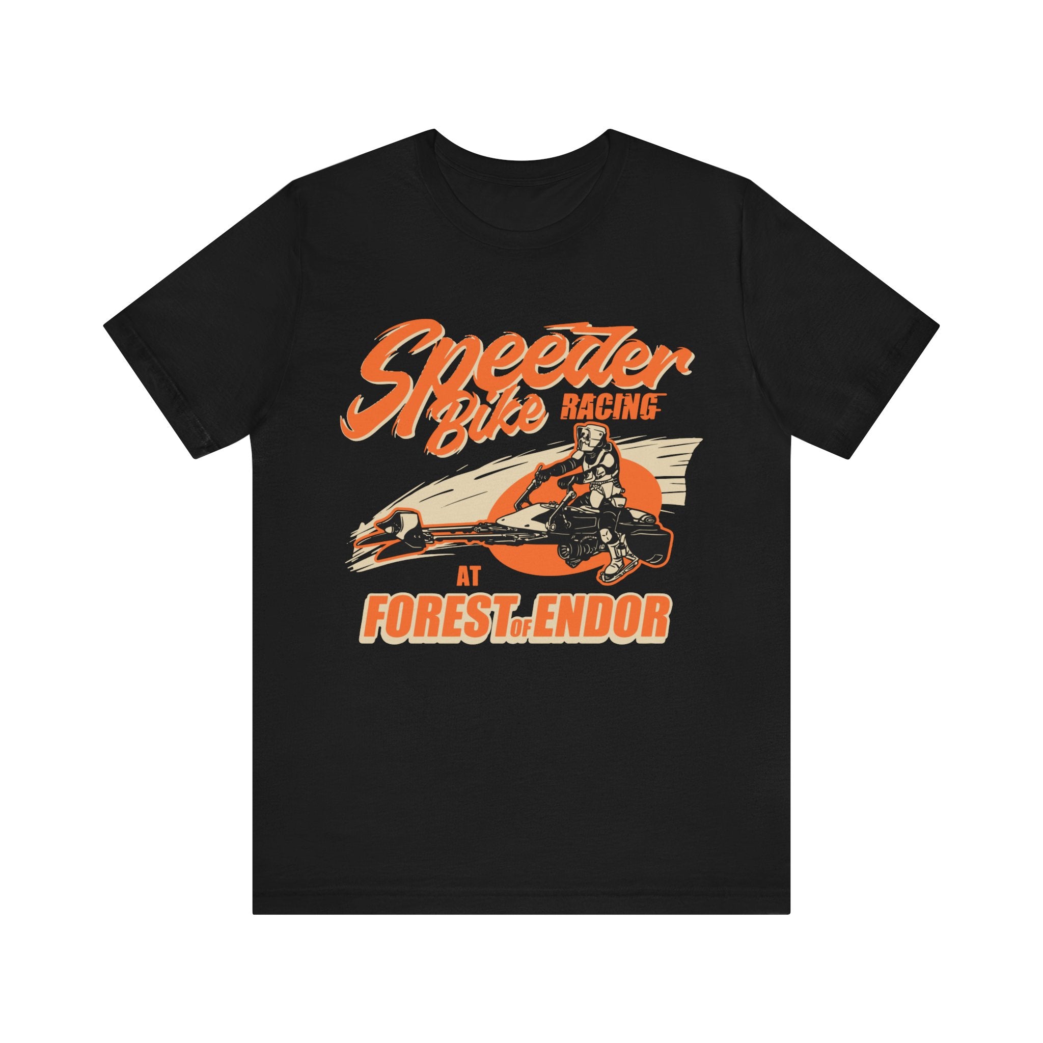 Black jersey tee with orange and white graphic of a motorbike racer and the text "Speeder Bike Racing at Forest Endor.