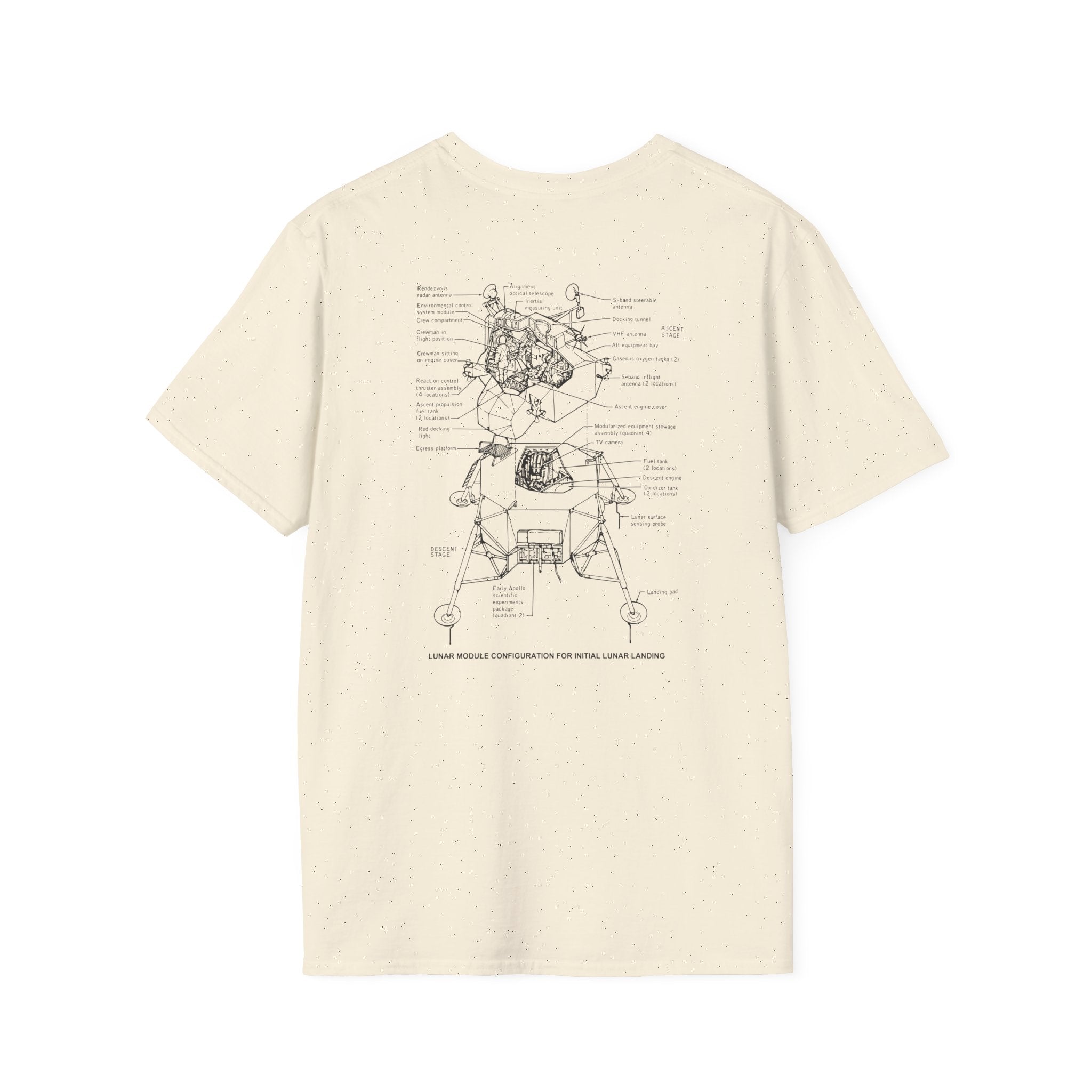 Beige "Lunar Module for Landing" T-shirt featuring a line drawing schematic of an Apollo program Lunar Module with labeled parts on the back.