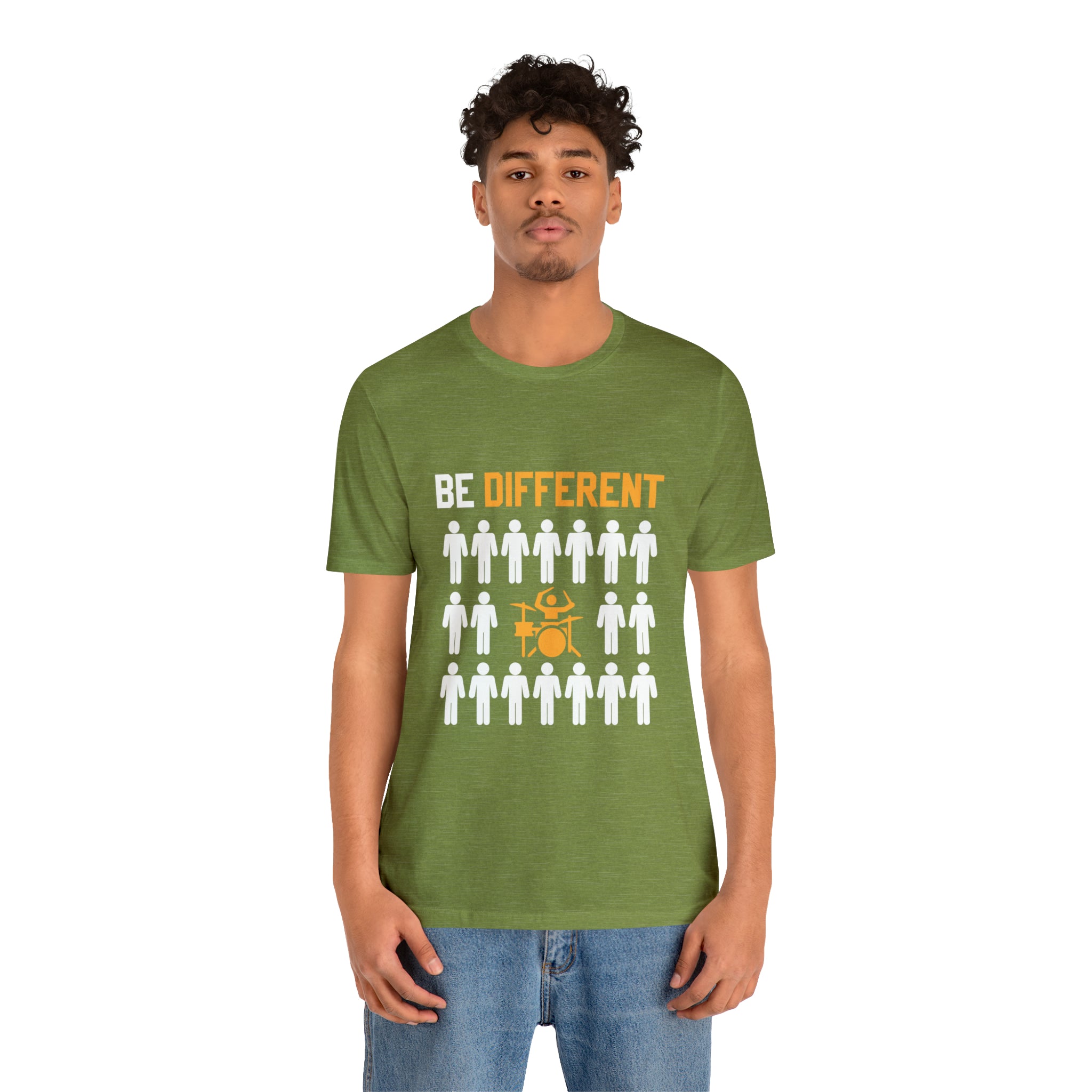 A man wearing a green Be different T-Shirt by Printify.