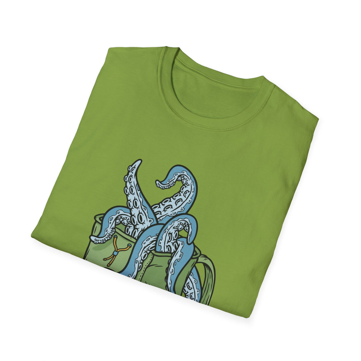 'Octopus Comes Out of the Bag' t-shirt in kiwi green, folded flat lay, funny gift for hikers and campers