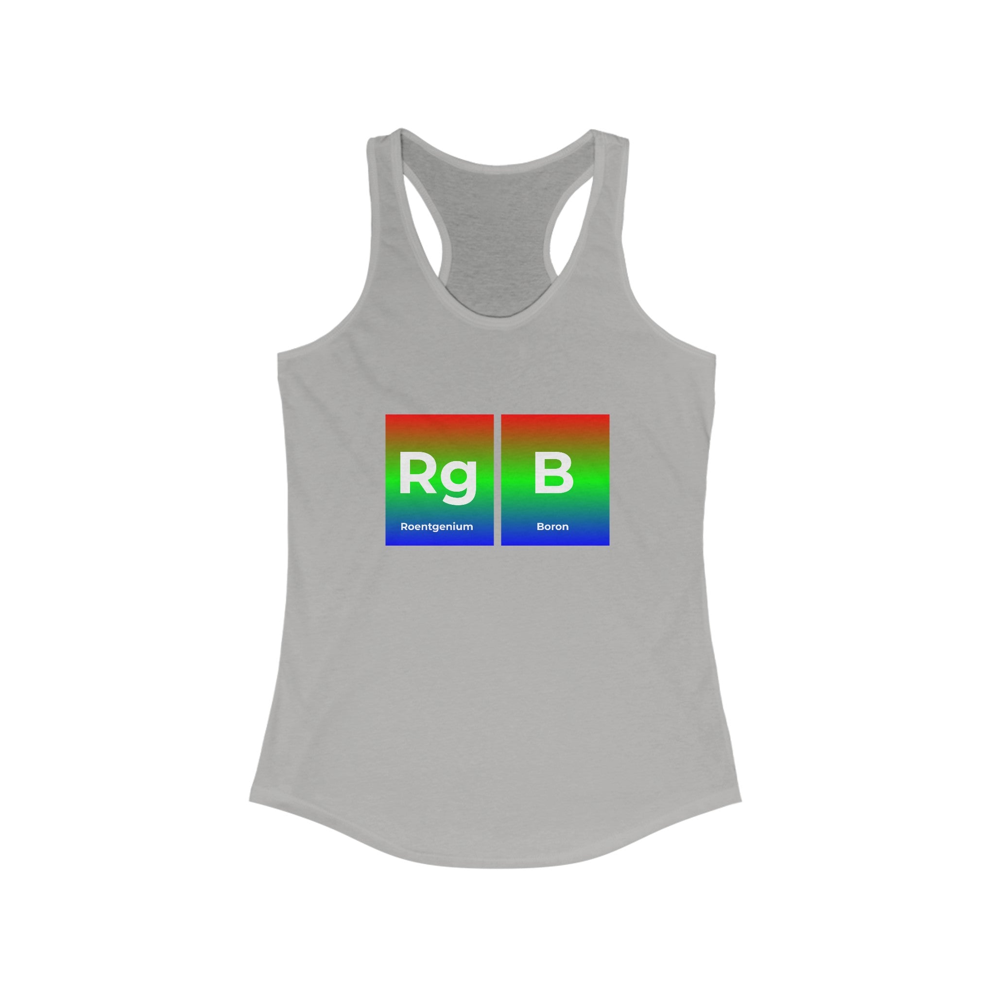 High-quality RG-B - Women's Racerback Tank, ideal for an active lifestyle, featuring a periodic table design with elements Roentgenium (Rg) and Boron (B) on red, green, and blue gradient backgrounds.