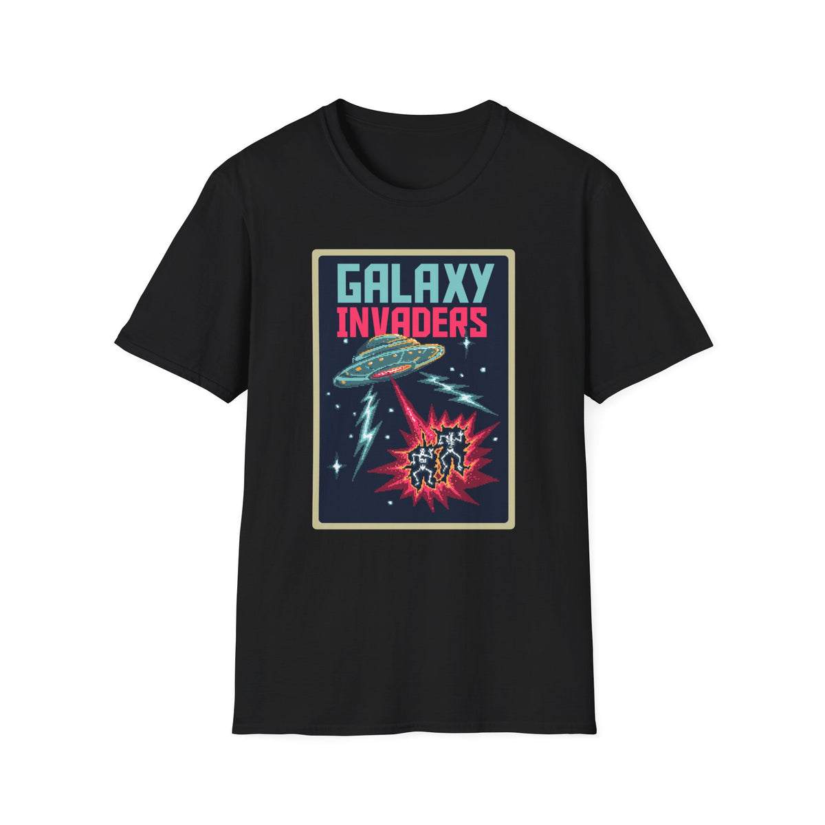 "Galaxy Invaders" pixel UFO t-shirt in black, flat lay front print, funny space alien graphic tee