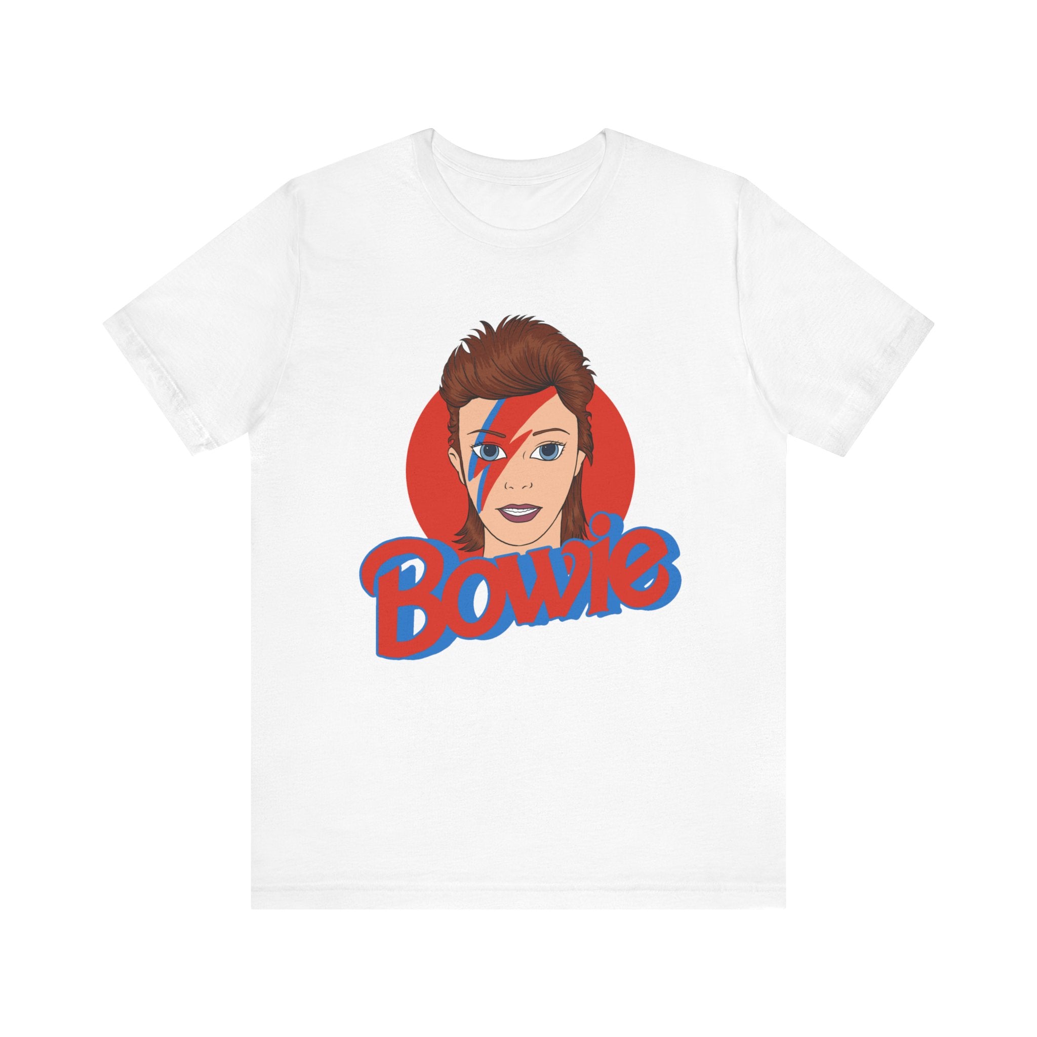 Unisex Bowie T-shirt featuring a graphic of David Bowie's face with red hair and the word "Bowie" in blue below.