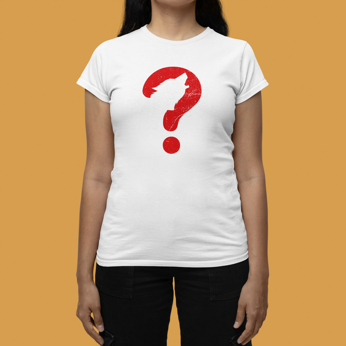 Wolf question mark women's t-shirt in white, woman wearing it, funny animal graphic tee