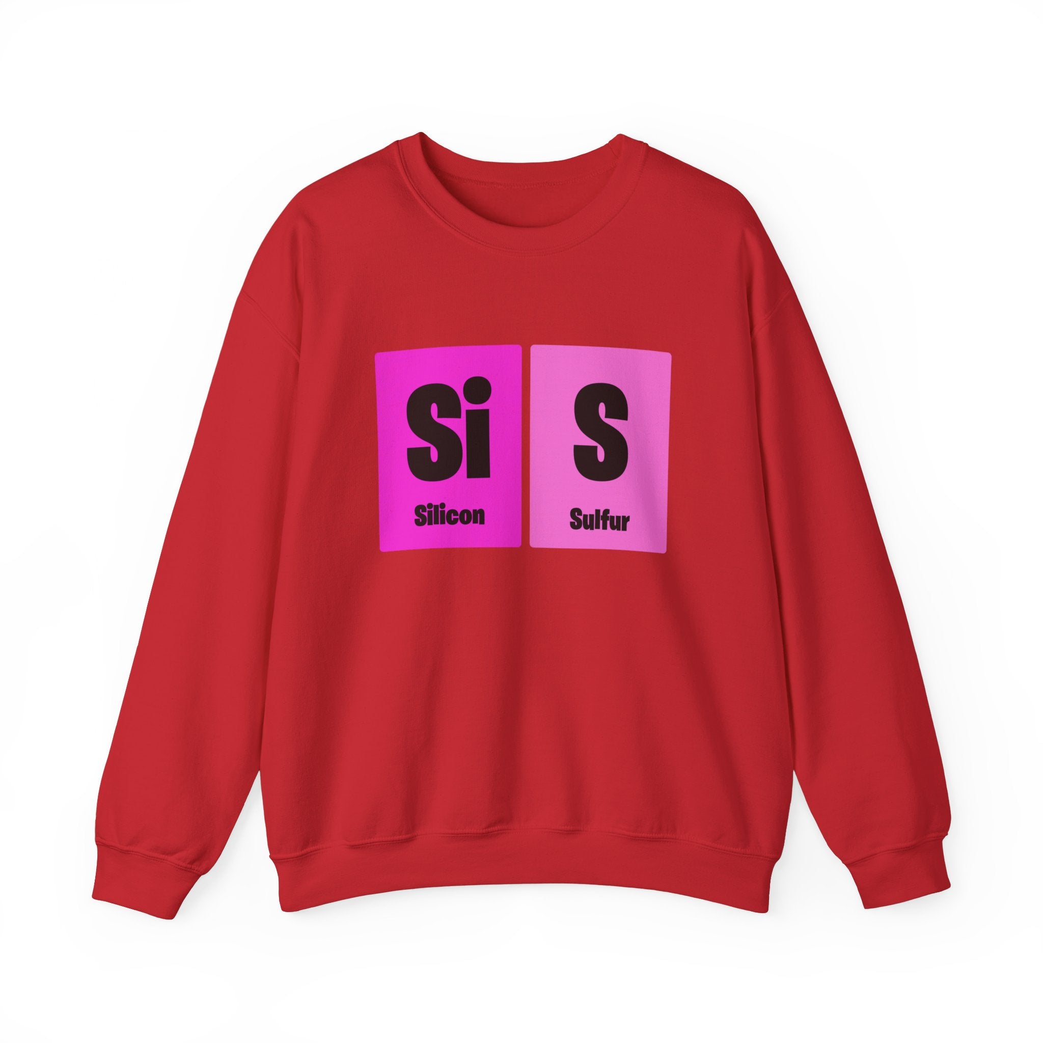 A red Si-S Light Pendant - Sweatshirt with a design featuring two periodic table elements, Silicon (Si) and Sulfur (S), on a pink and purple background.